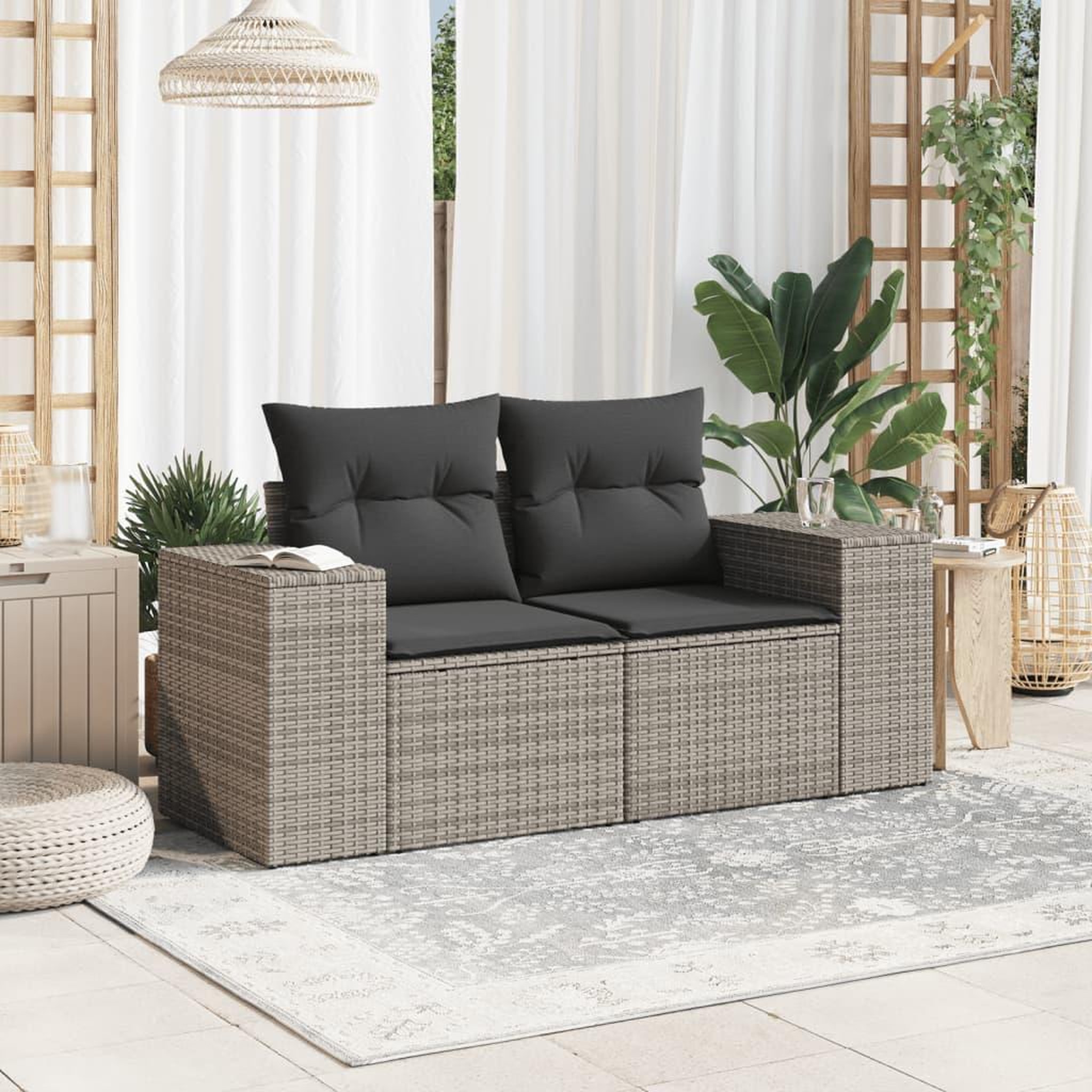 Voir la diapositive 3 : VIDAXL Canape de jardin 2 places avec coussins gris resine tressee