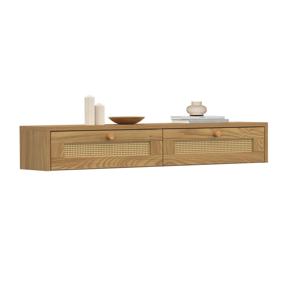ID MARKET Etagère murale console d'entrée HANAE 2 tiroirs effet naturel cannage