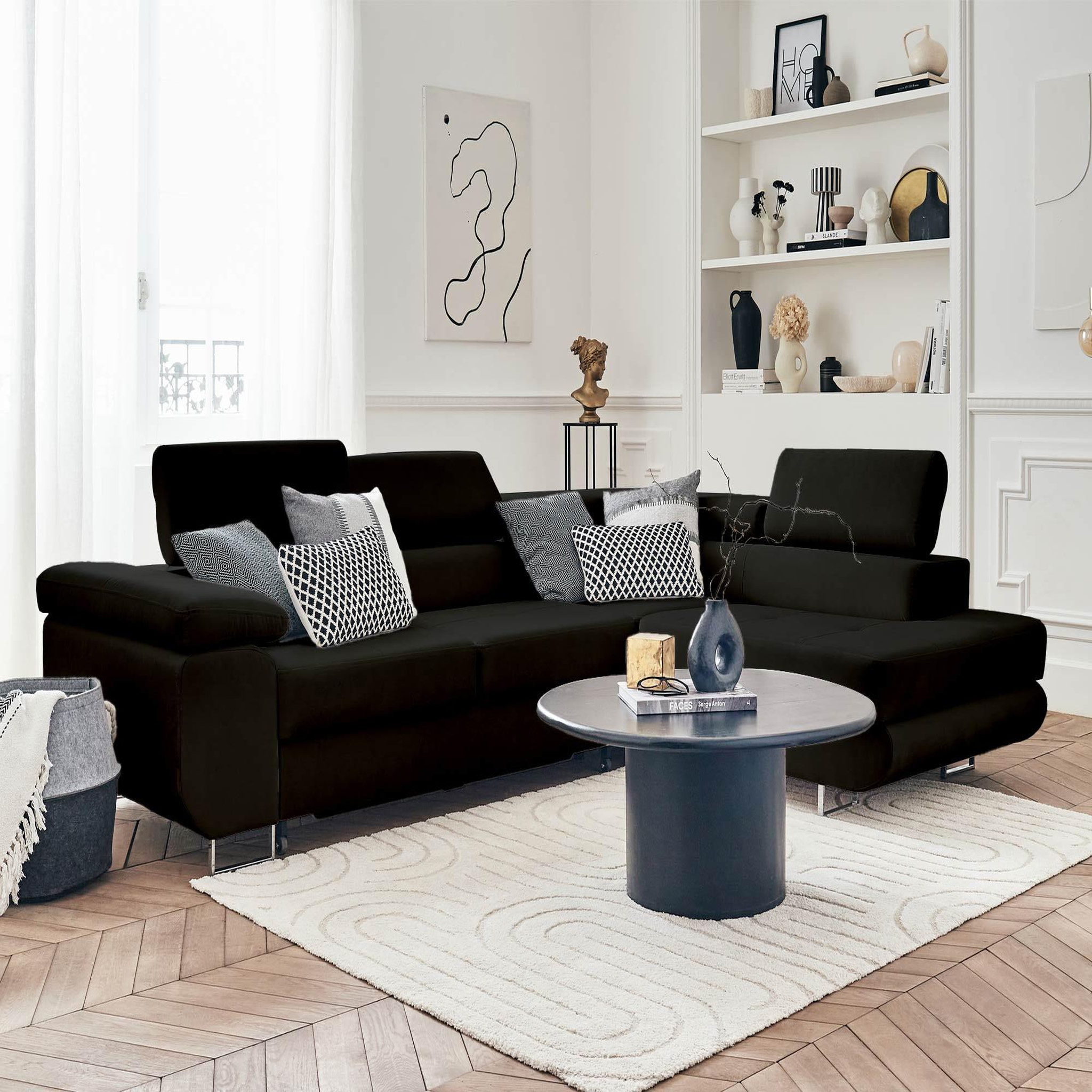 Voir la diapositive 6 : BEST MOBILIER Pablo - canapé d'angle droit - 5 places - convertible avec coffre et têtières réglables - en velours