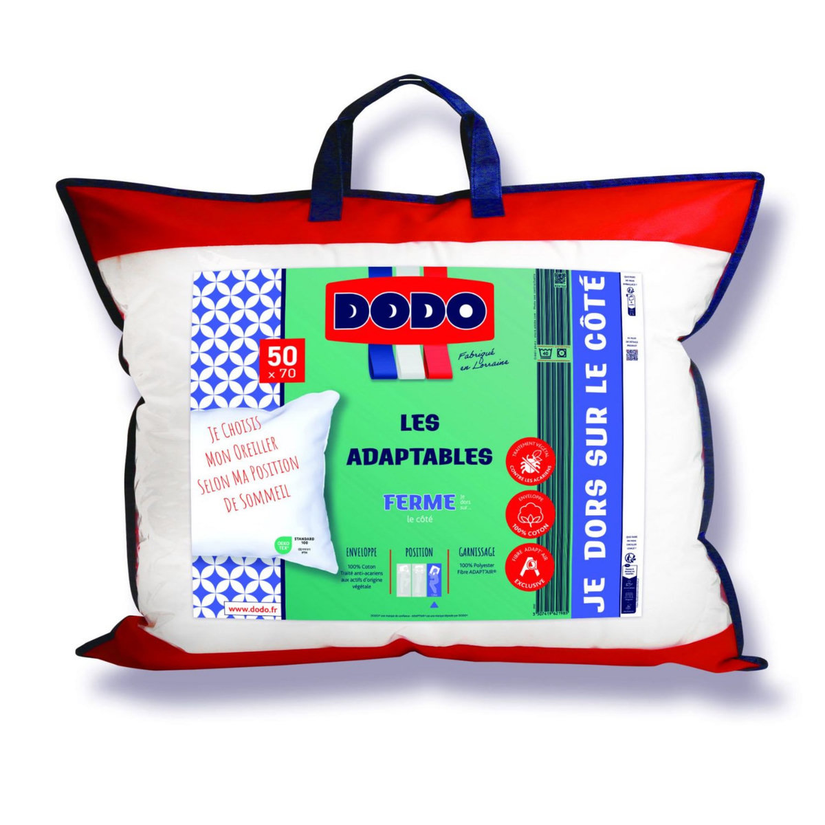 DODO Oreiller confort ferme anti acariens végétal LES ADAPTABLES 