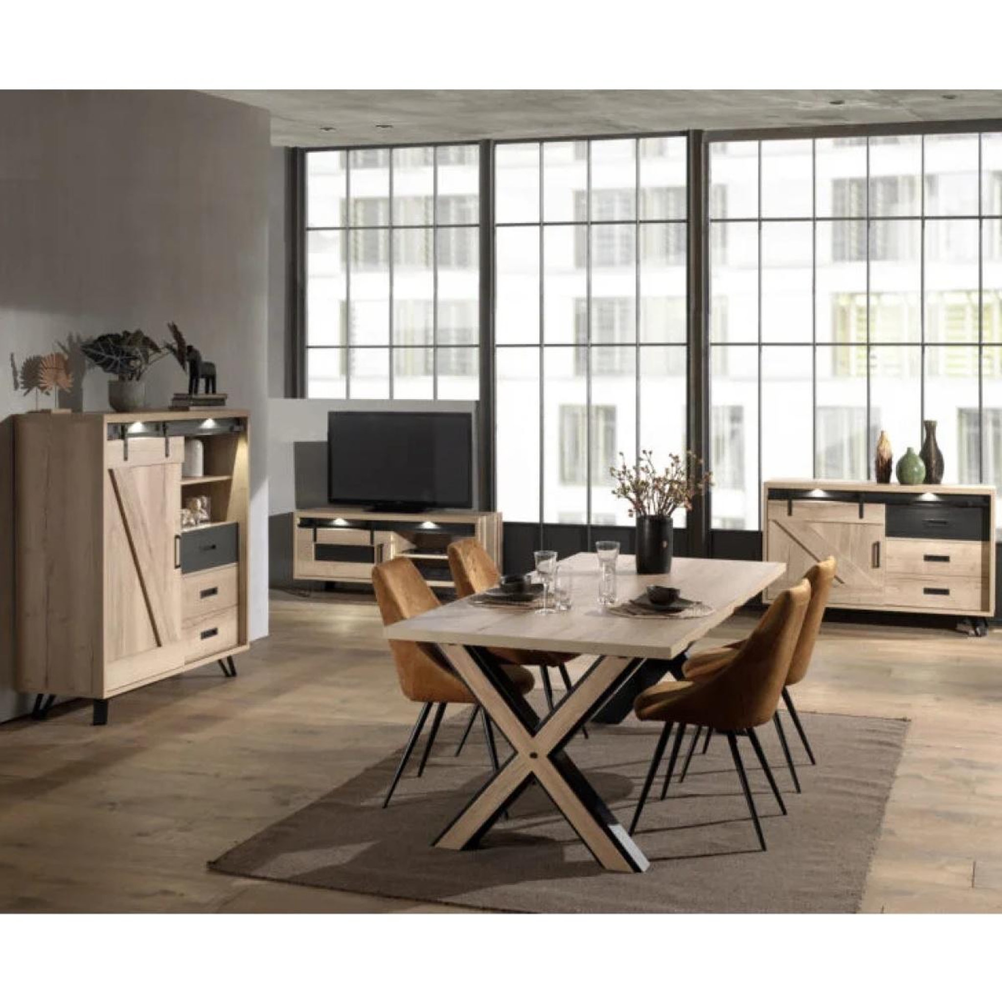 Voir la diapositive 4 : JLC KREATION Buffet haut décor chêne avec LED 2 portes COSTA