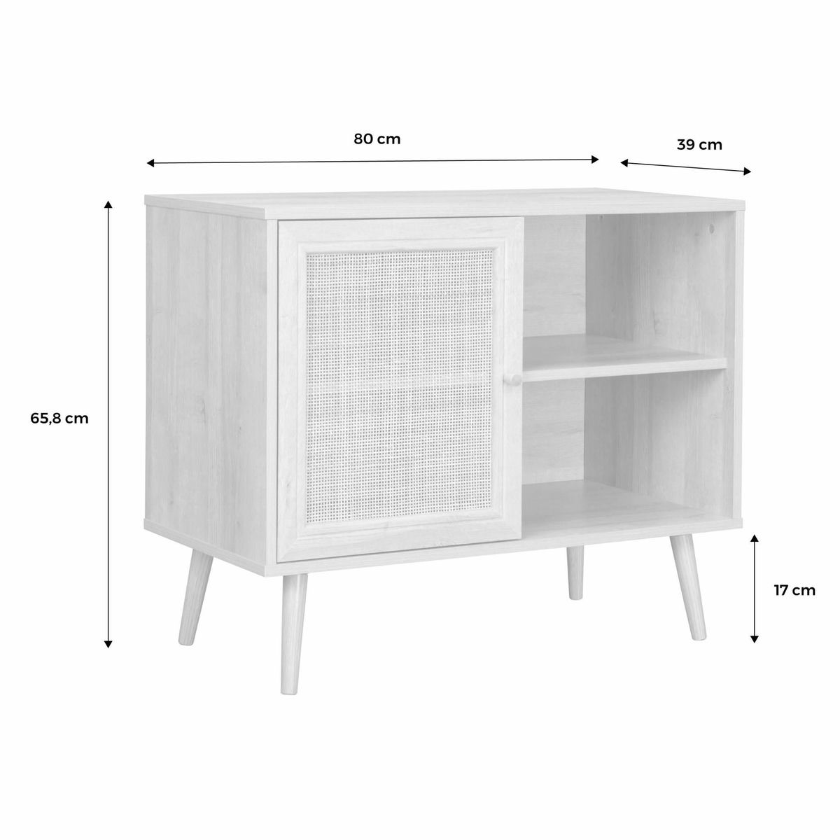 SWEEEK Meuble de rangement en cannage 80x39x65.8cm  Bohème - Vert céladon-  2 niveaux - 1 porte -  pieds scandinaves. buffet bas