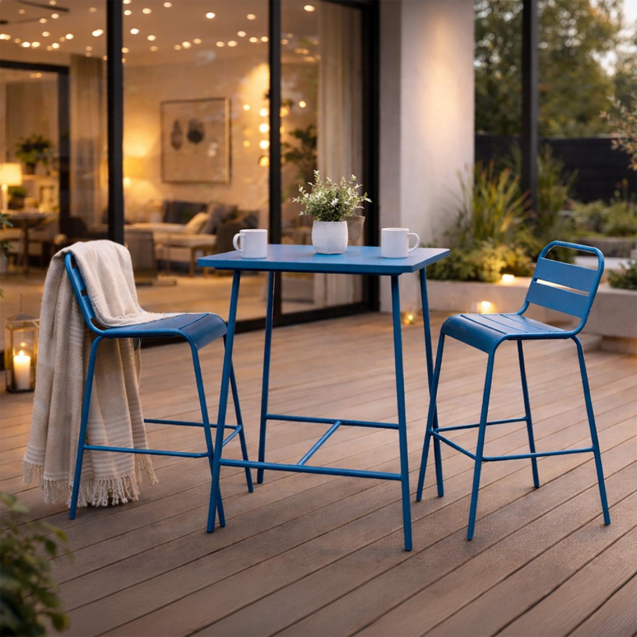 Voir la diapositive 4 : CONCEPT USINE Ensemble table de bar et 2 chaises hautes d'extérieur bleu bergame