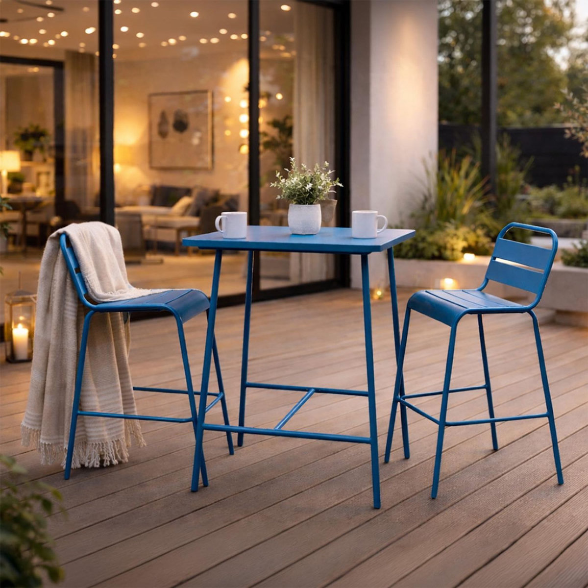 CONCEPT USINE Ensemble table de bar et 2 chaises hautes d'extérieur bleu BERGAME