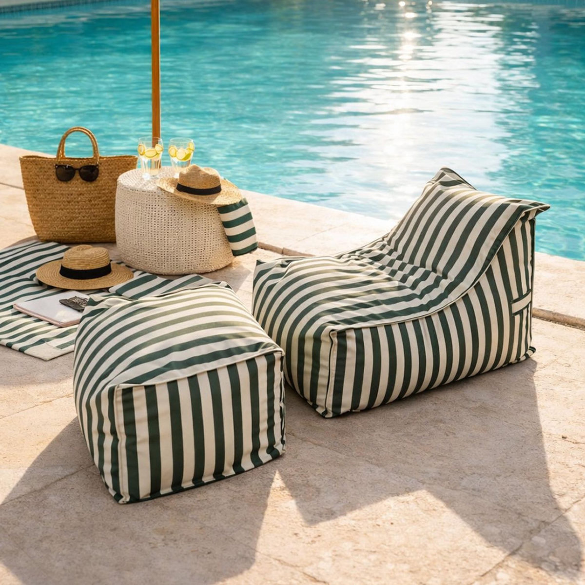 CONCEPT USINE Ensemble de poufs d'extérieur rayés vert déperlant POSITANO