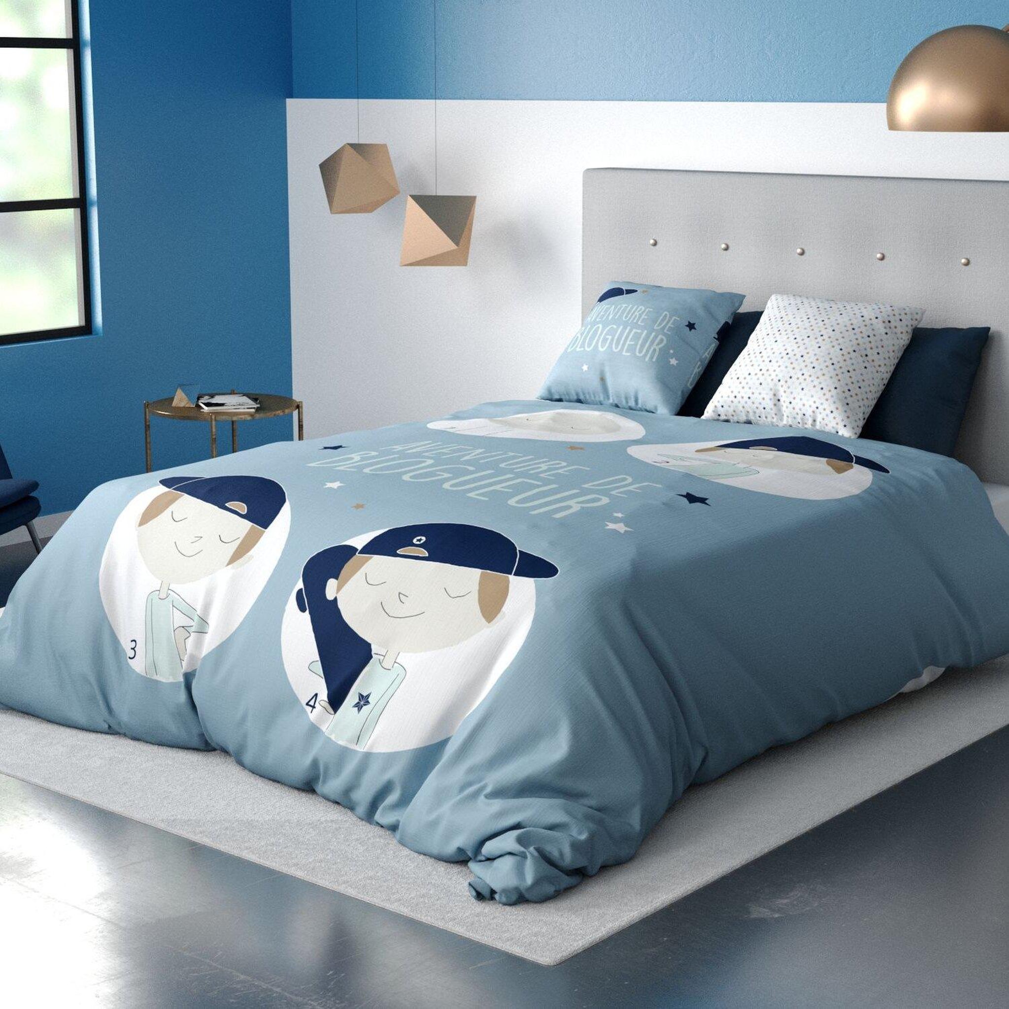 Les Ateliers du Linge Parure de couette 2pcs 140x200cm 100% coton 47 fils- blogueur. Coloris disponibles : Bleu