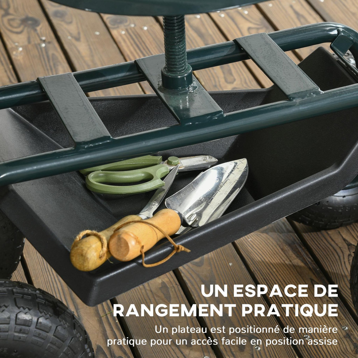 OUTSUNNY 2 en 1 tabouret pivotant réglable chariot mobile de jardin charge max. 150 Kg rangement acier vert