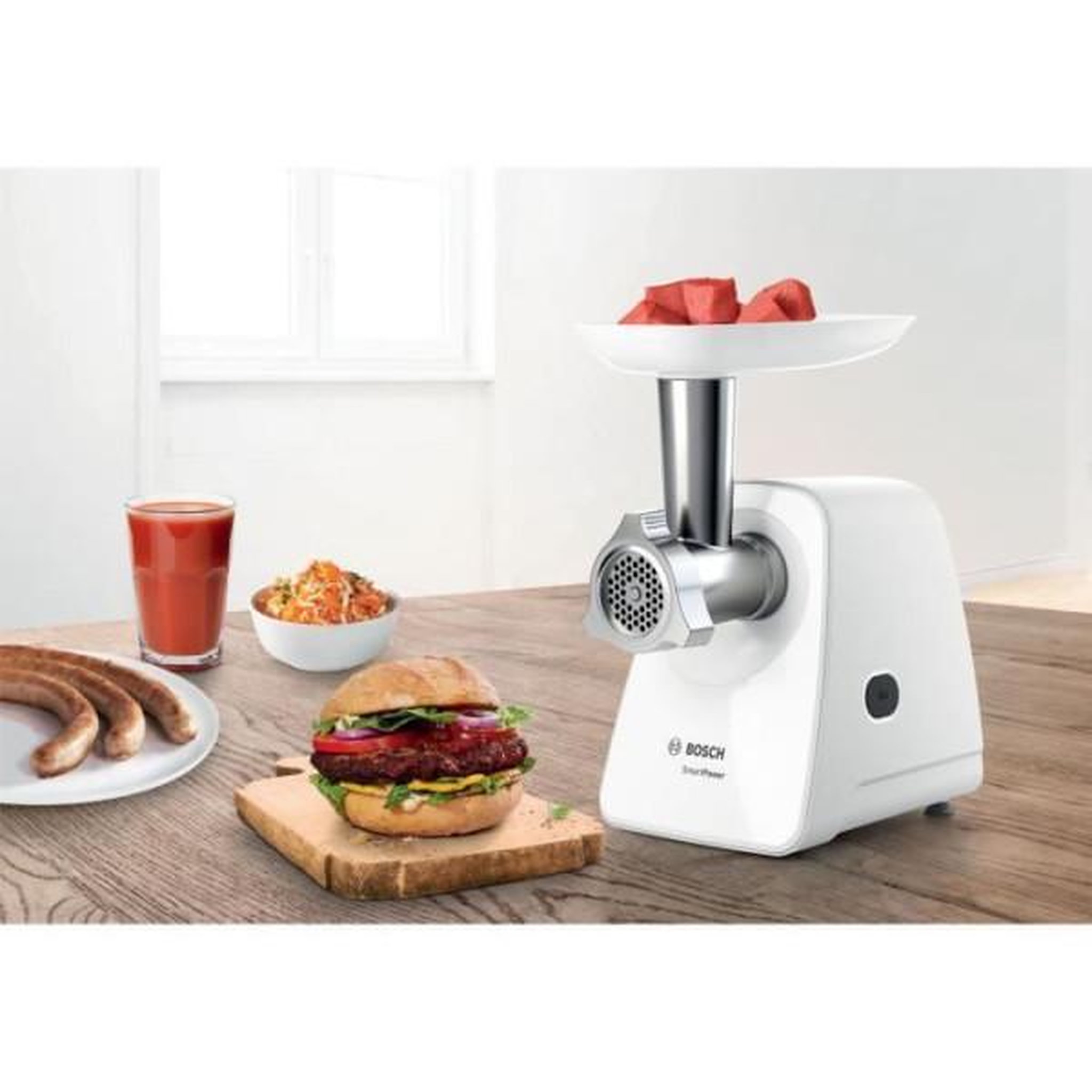 Voir la diapositive 2 : BOSCH Hachoir Electrique  a viande SmartPower - BOSCH - MFW2520W - 2 grilles de hachoir - Garnisseur de saucisses - Blanc