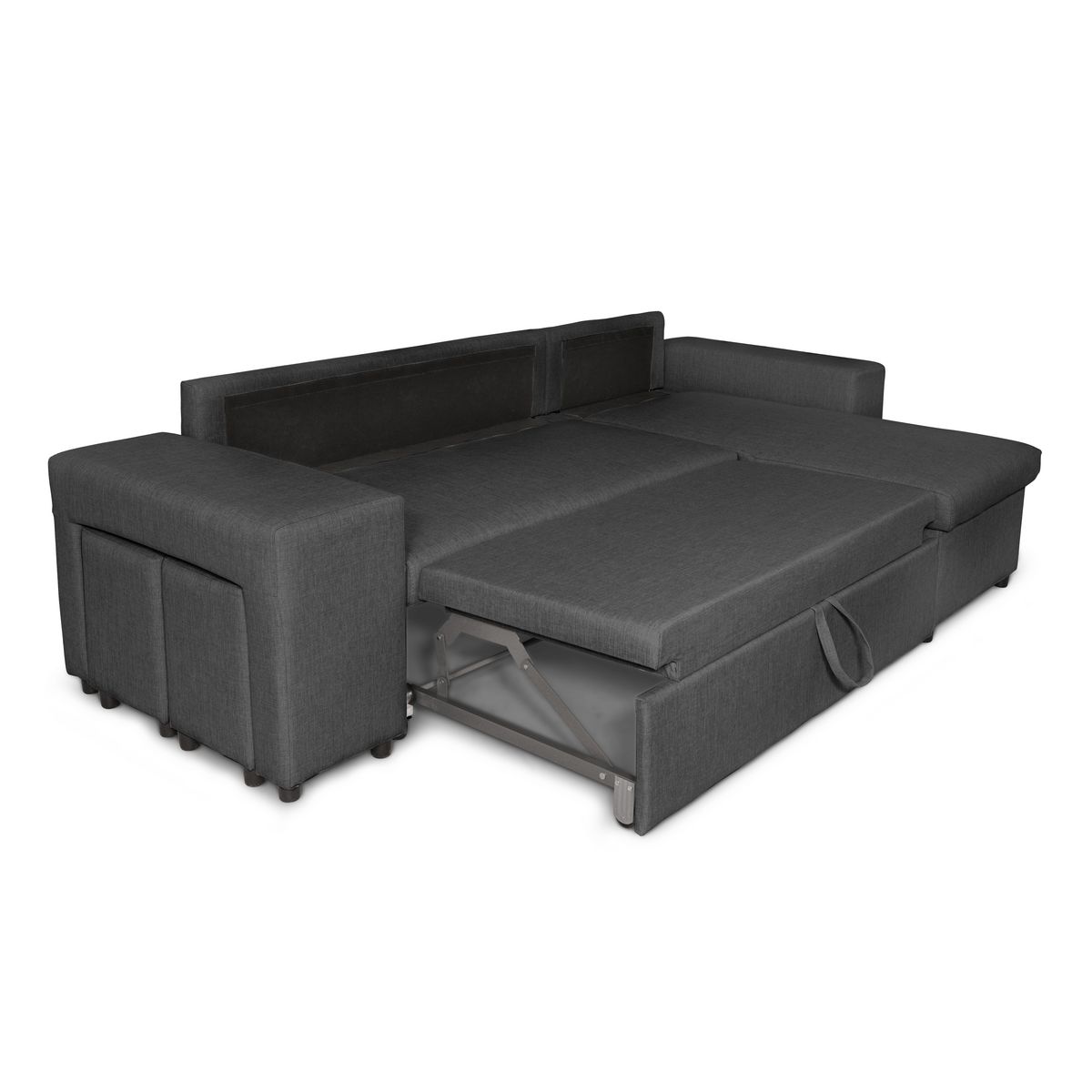 Canapé d'angle convertible avec coffre 3 places + 2 poufs à gauche et étagère à droite  MACHA