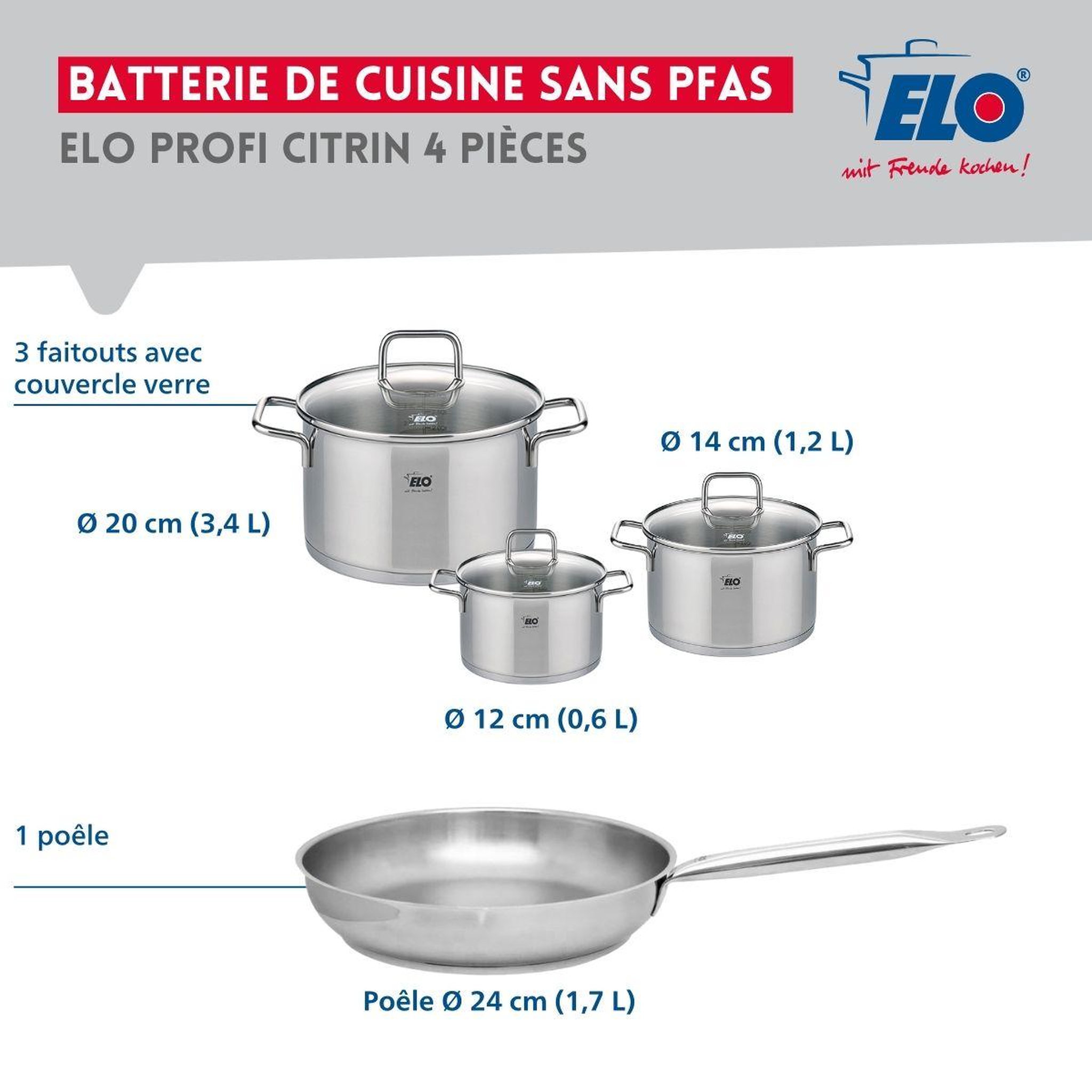 Voir la diapositive 2 : ELO Ensemble de 1 poêle de cuisson 24 cm et 3 faitouts 12, 14 et 20 cm elo profi citrin
