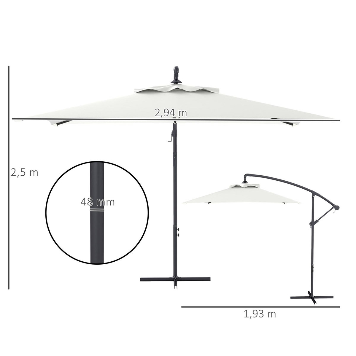 OUTSUNNY Parasol déporté rectangulaire dim. 294L x 193l x 250H cm pied en croix crème