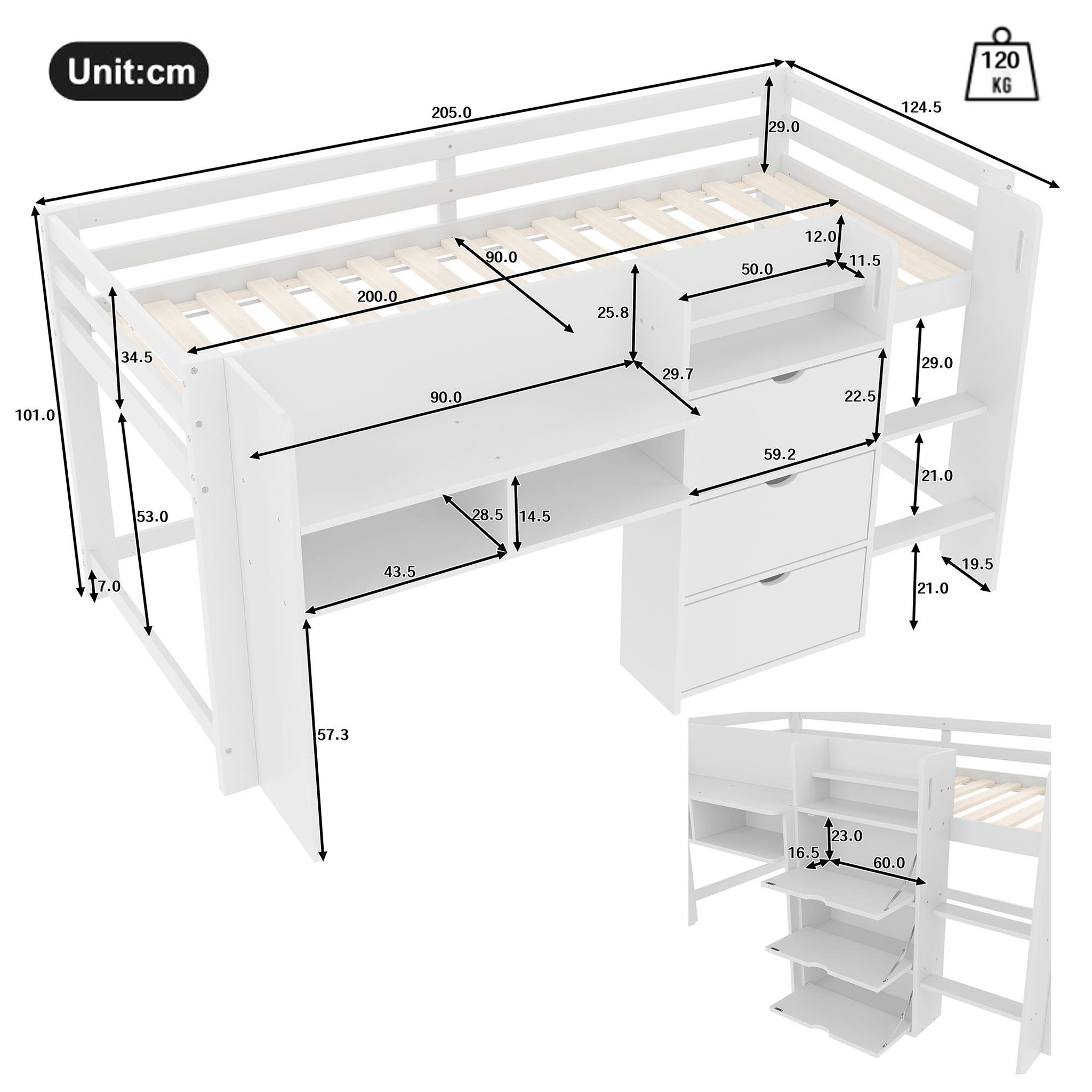 Voir la diapositive 3 : MERAX Lit enfant mi hauteur 90x200cm coloris blanc pin