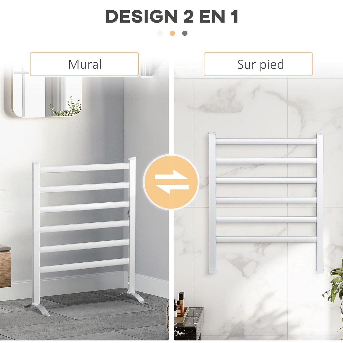 HOMCOM Sèche-serviettes électrique sur pied 140 W - radiateur porte-serviettes 6 barres - mural ou sur pied - H. 69 cm - alu.