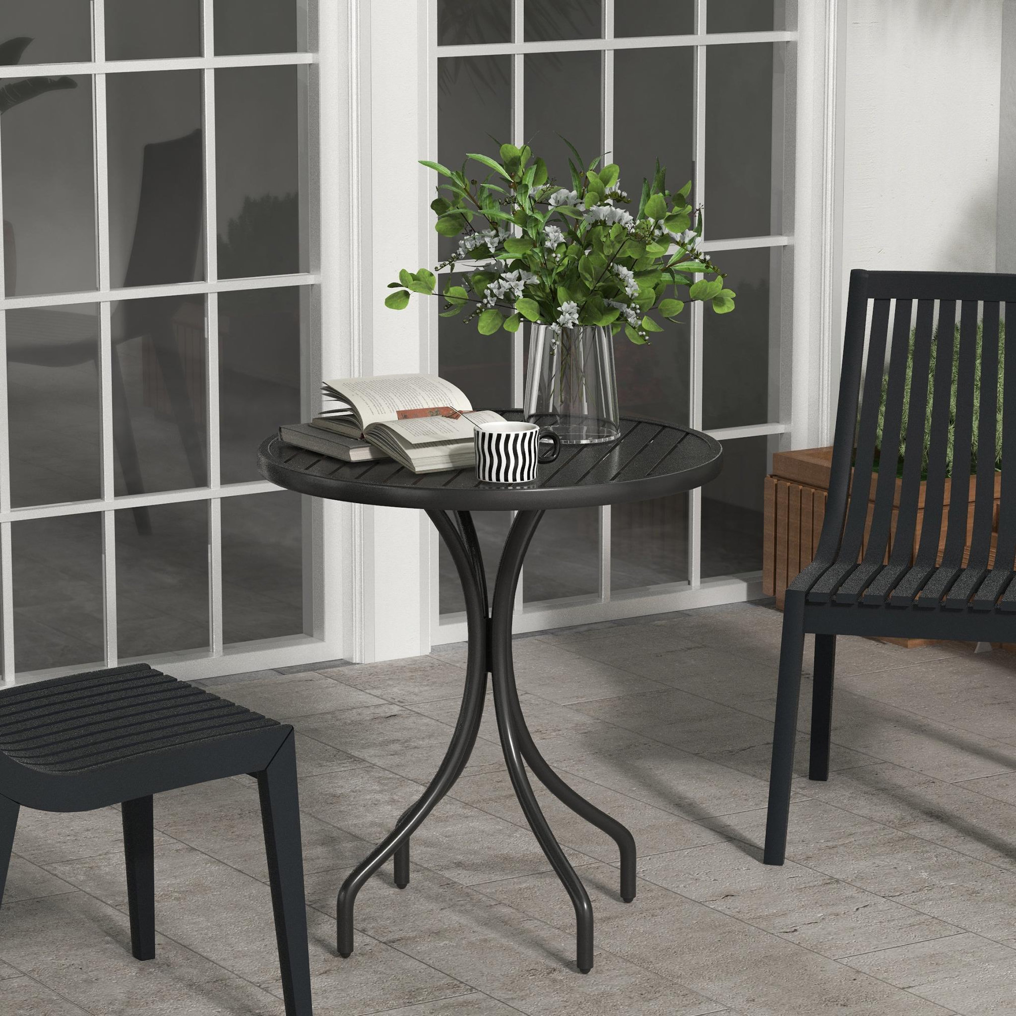 Voir la diapositive 2 : OUTSUNNY Table de jardin ronde Ø 66 cm acier plateau à lattes noir