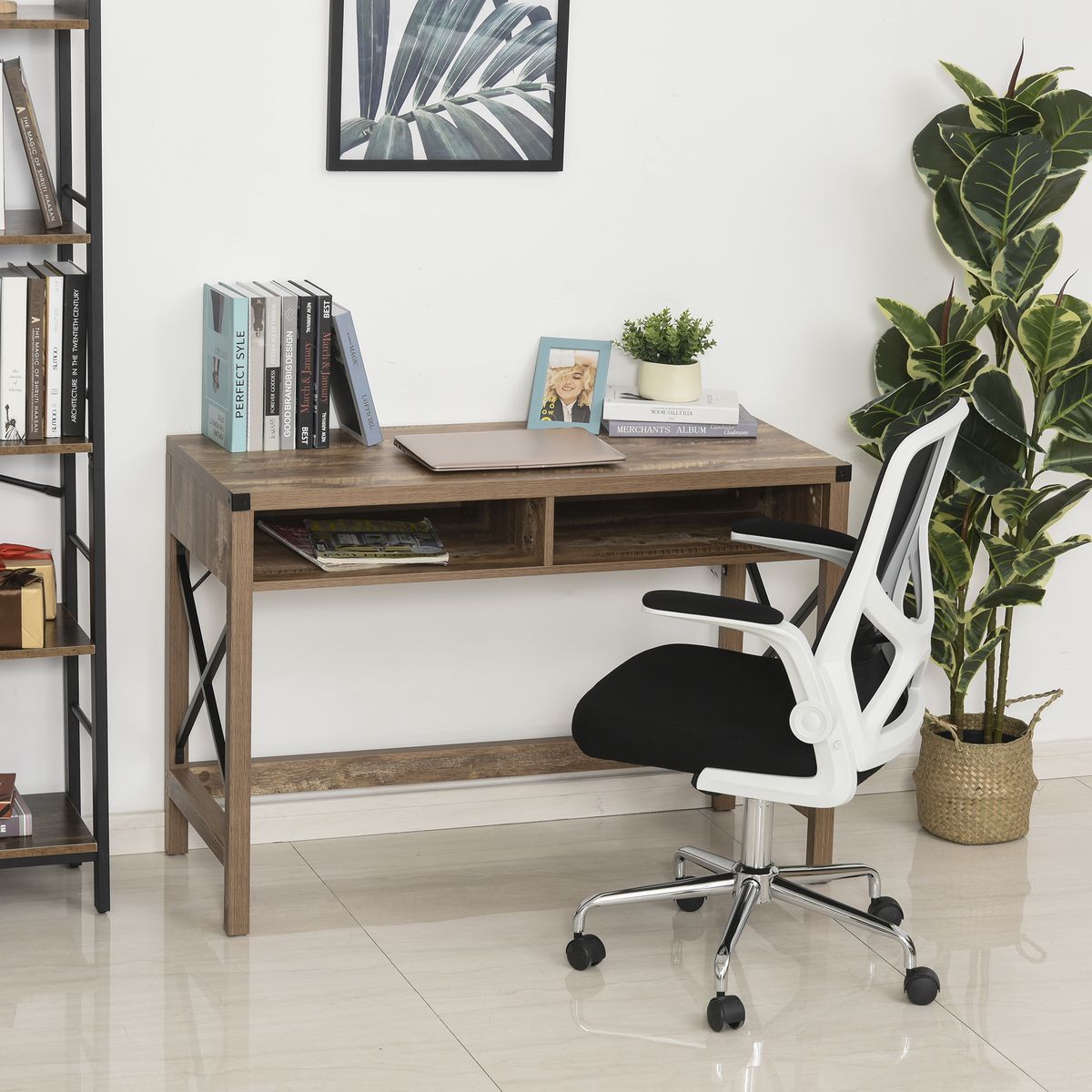 HOMCOM Bureau design industriel grand plateau 2 niches métal noir panneaux particules imitation bois veinage marron