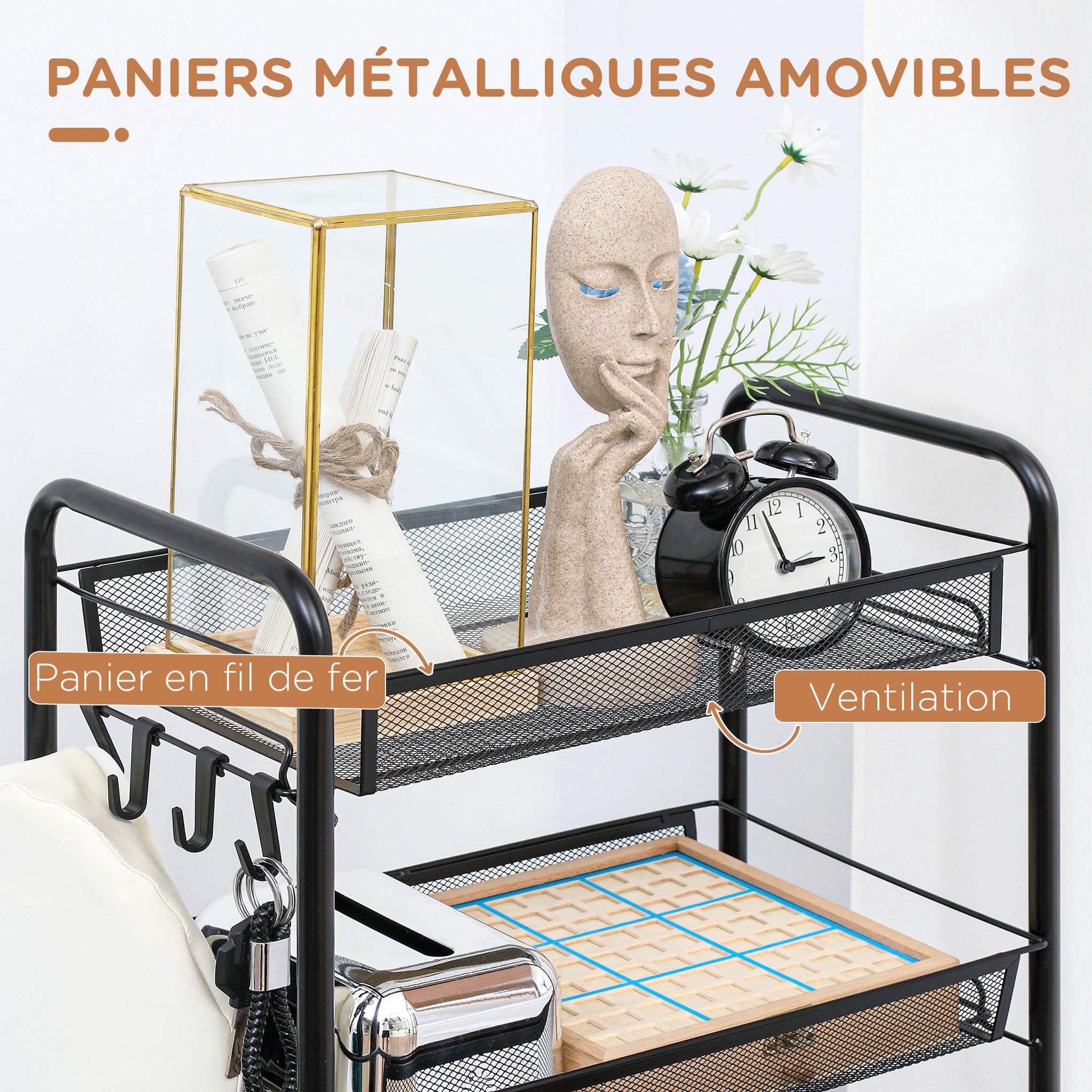 Voir la diapositive 5 : HOMCOM Chariot de service desserte de cuisine à roulettes 5 paniers métalliques amovibles 4 crochets acier