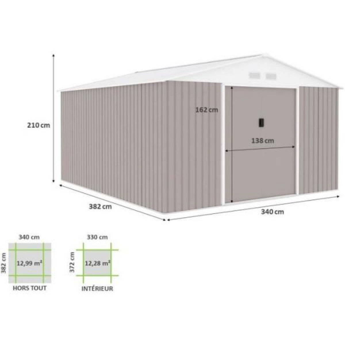 MARKET24 NEPTUNE Abri de jardin en métal 12,99 m² - 340 x 382 x 210 cm - Kit d'ancrage inclus, 2 portes coulissantes - Taupe