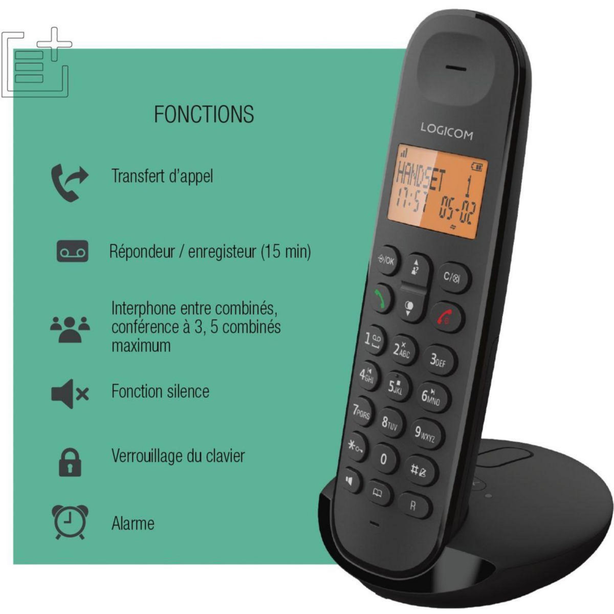 Logicom Téléphone sans fil Iloa Solo Répondeur Noir