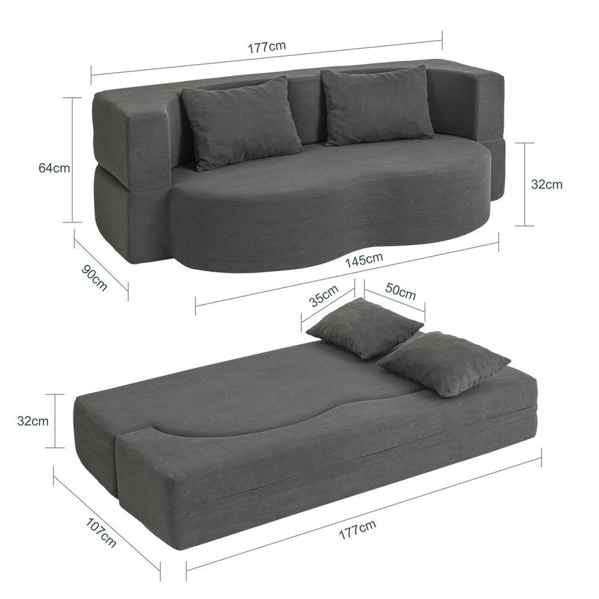 Voir la diapositive 3 : SOBUY Canapé-lit 2 places convertible en velours côtelé gris foncé 177x107x32 cm fst101-dg