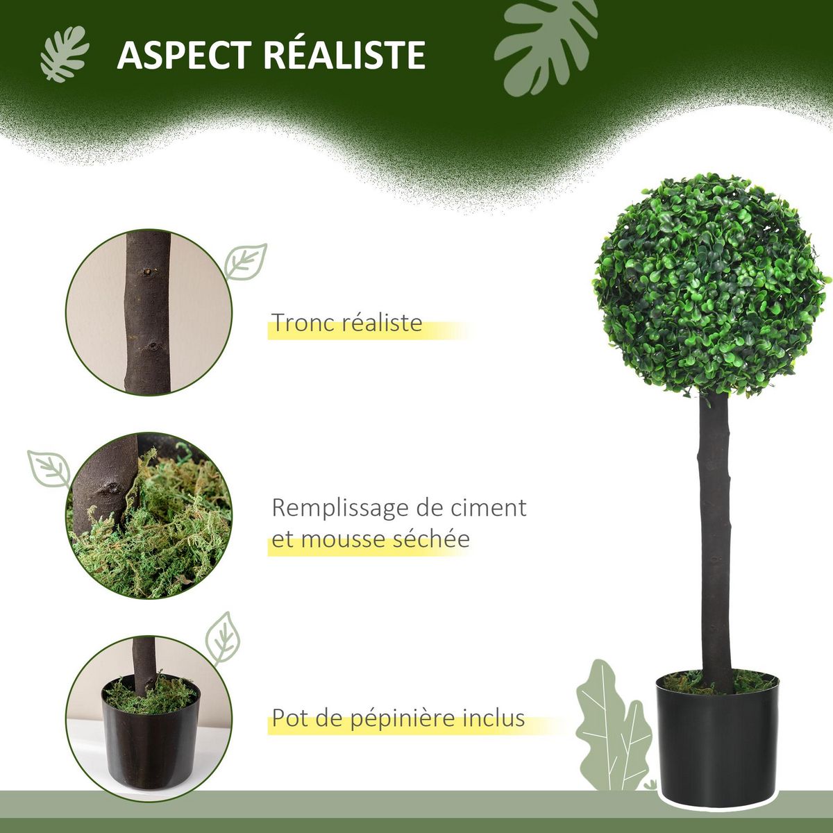 HOMCOM Lot de 2 buis artificiels topiaires artificielles en forme de boule dim. Ø 20 x 60H cm pots inclus