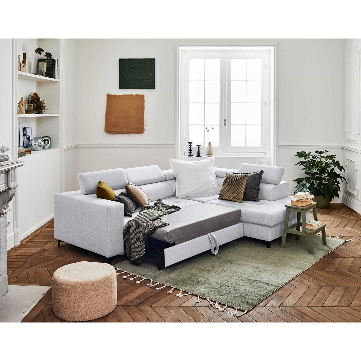 LISA DESIGN Olinda - canapé d'angle droit - 5 places - convertible avec coffre et têtières réglables - en tissu