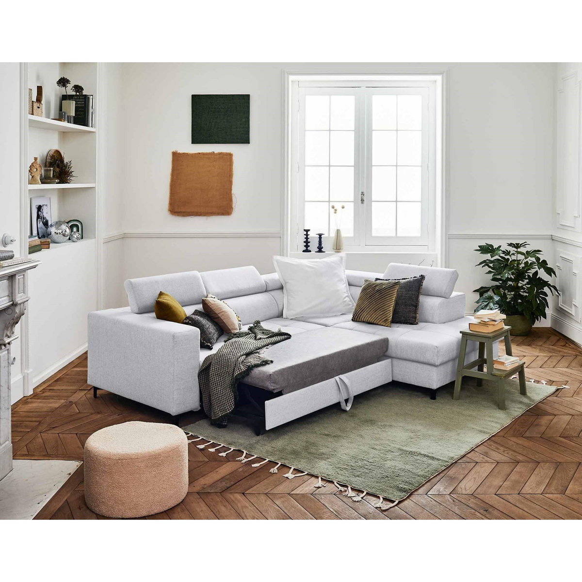 LISA DESIGN Olinda - canapé d'angle droit - 5 places - convertible avec coffre et têtières réglables - en tissu