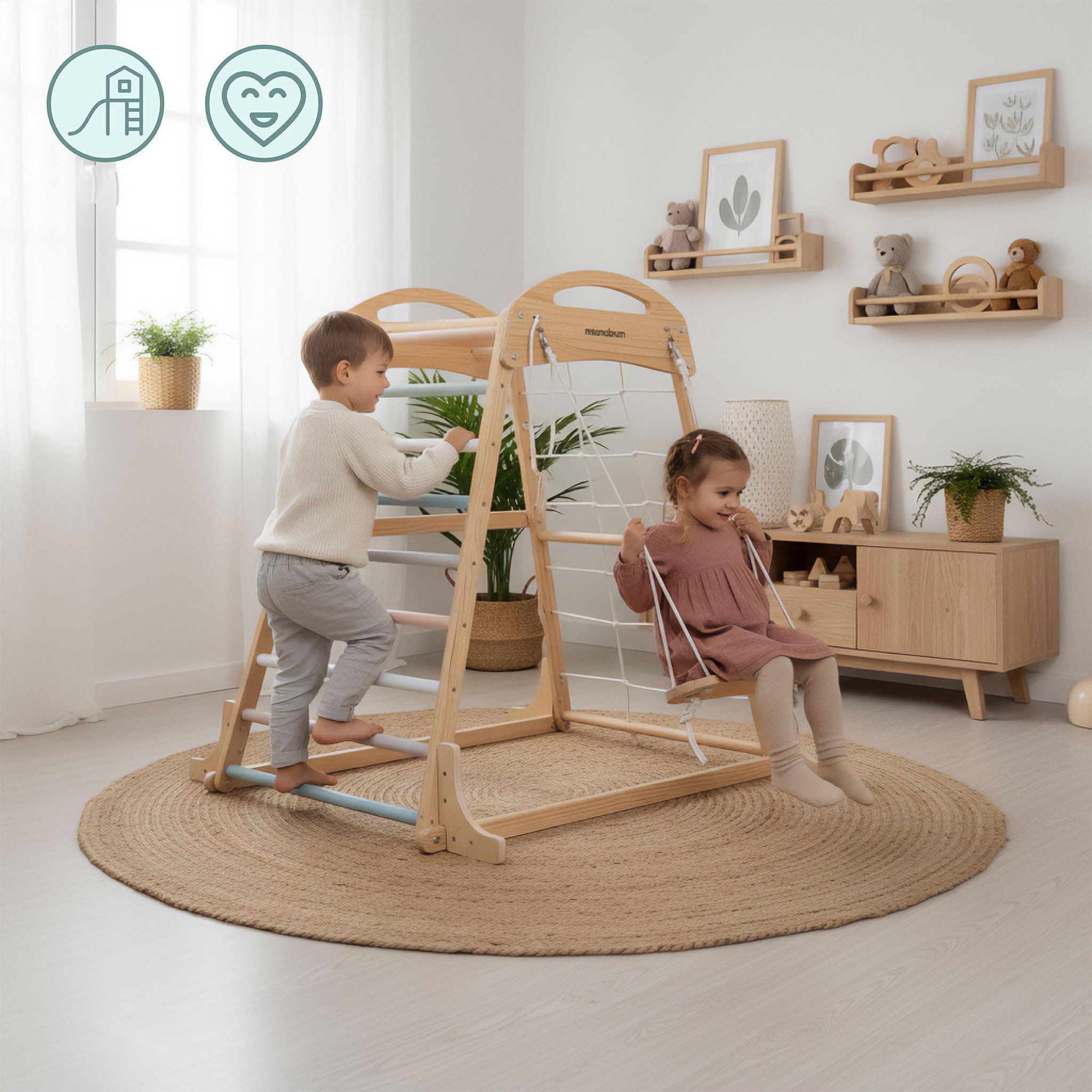 Voir la diapositive 6 : MAMABRUM Aire de Jeux Intérieure en Bois avec Balançoire, Anneaux et Filet d'Escalade, dès 3 Ans