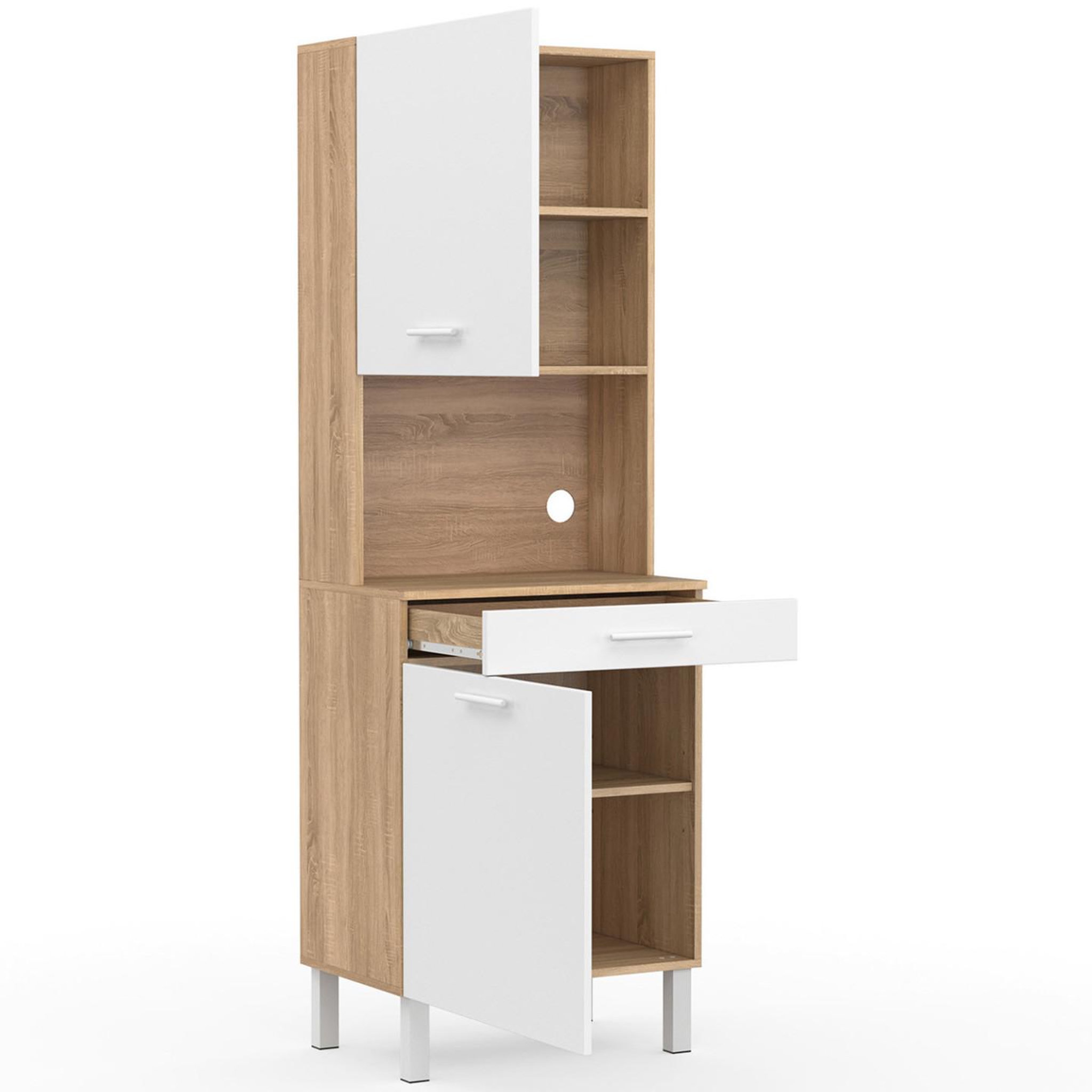 Voir la diapositive 4 : ID MARKET Buffet de cuisine 60 cm cina 2 portes + tiroir façon hêtre et blanc