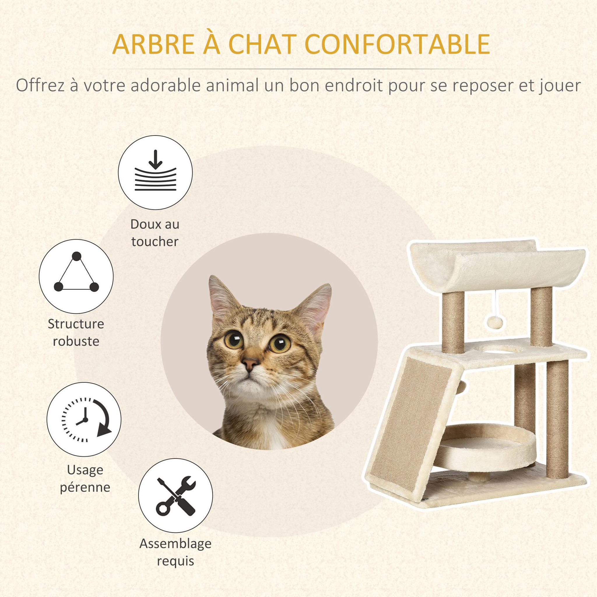 Voir la diapositive 4 : PAWHUT Arbre à chat griffoirs grattoir jeu boules suspendues plateformes ronde, rectangulaire et demi-cylindrique peluche jute naturelle beige