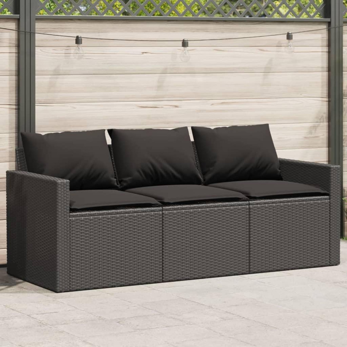 VIDAXL Canape de jardin avec coussins 3 places noir resine tressee