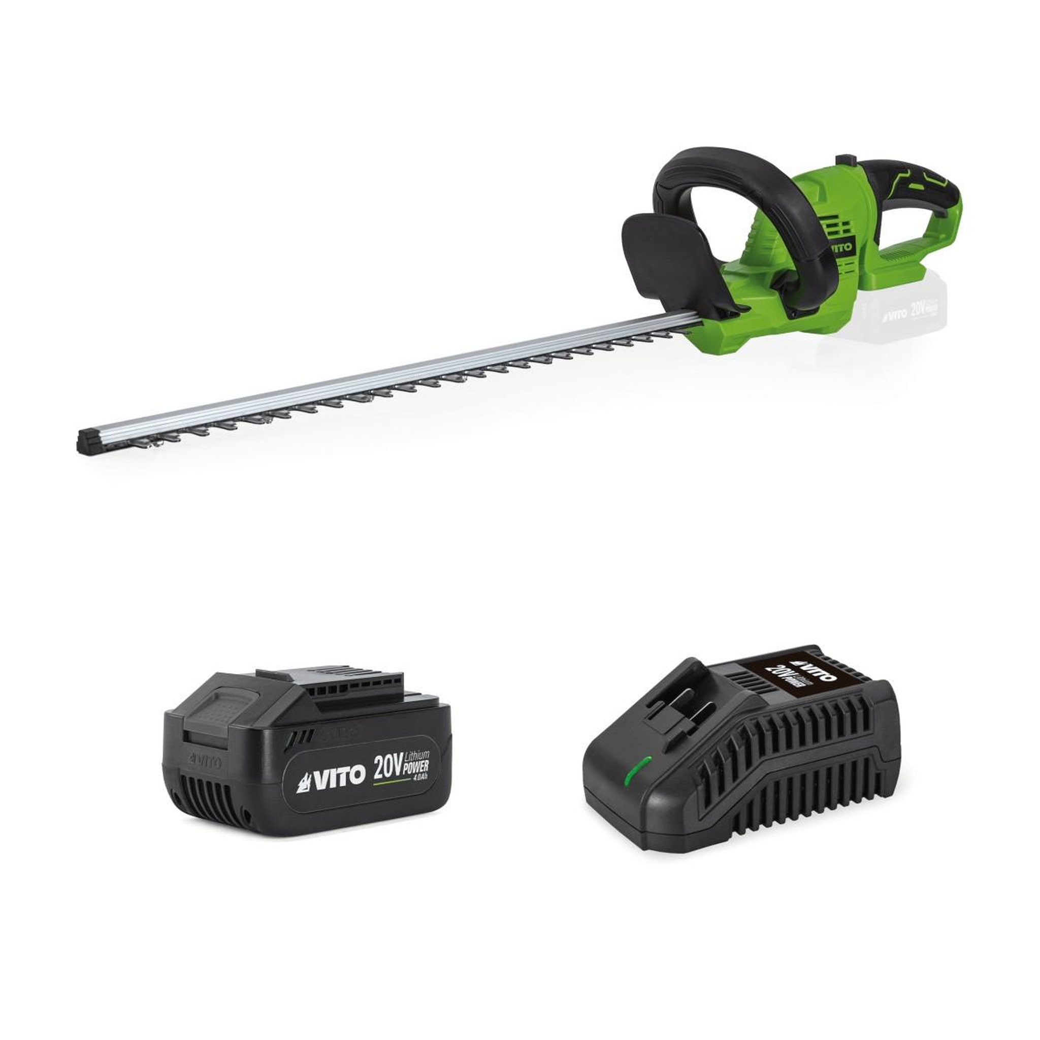 VITO Taille haies sans fil 20v lame 51cm + batterie lithium 4.0ah + chargeur rapide poignée rotative 90° haies et arbustes vito