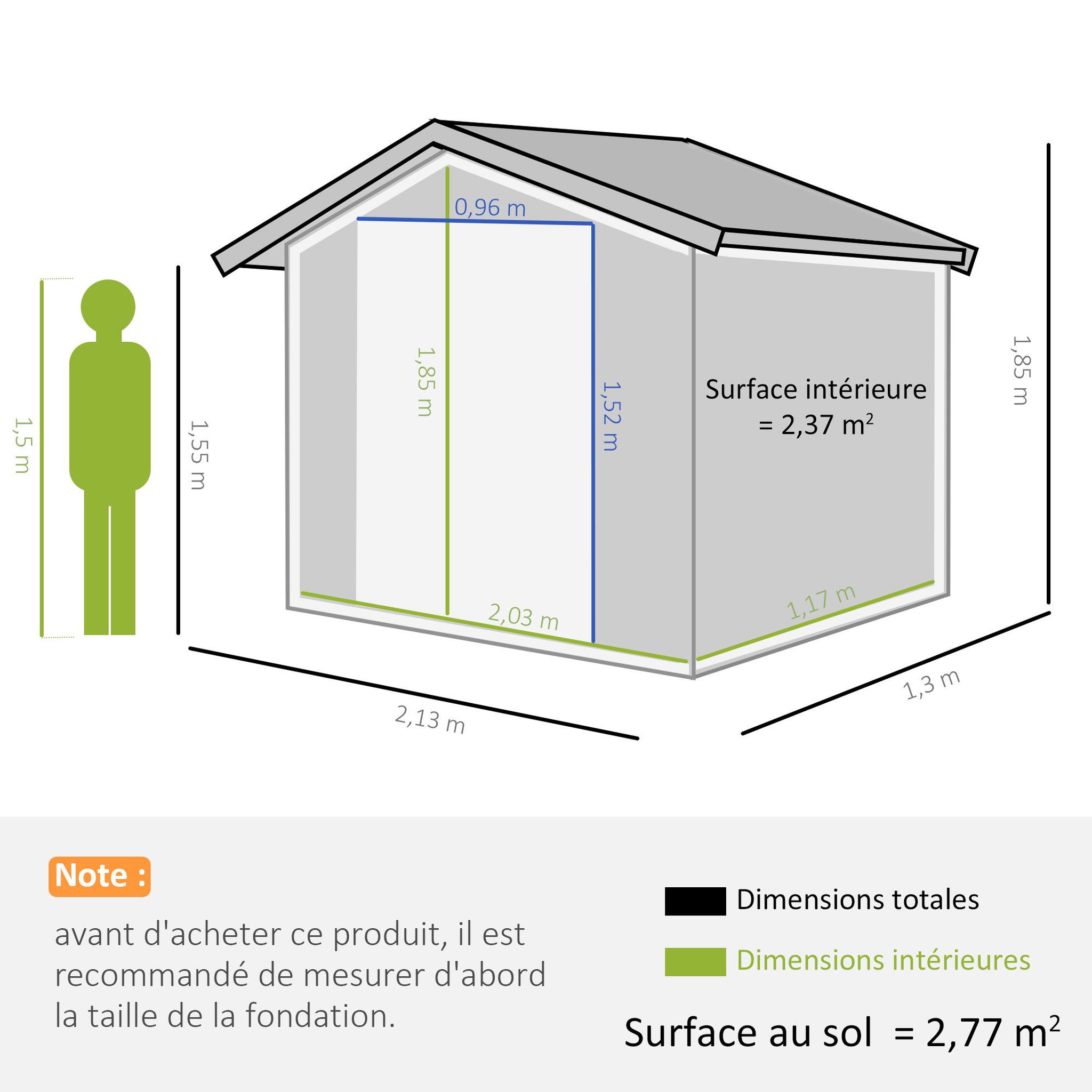 Voir la diapositive 3 : OUTSUNNY Abri de jardin - remise pour outils - cabanon porte verrouillable - dim. 213L x 130l x 185H cm - tôle d'acier gris