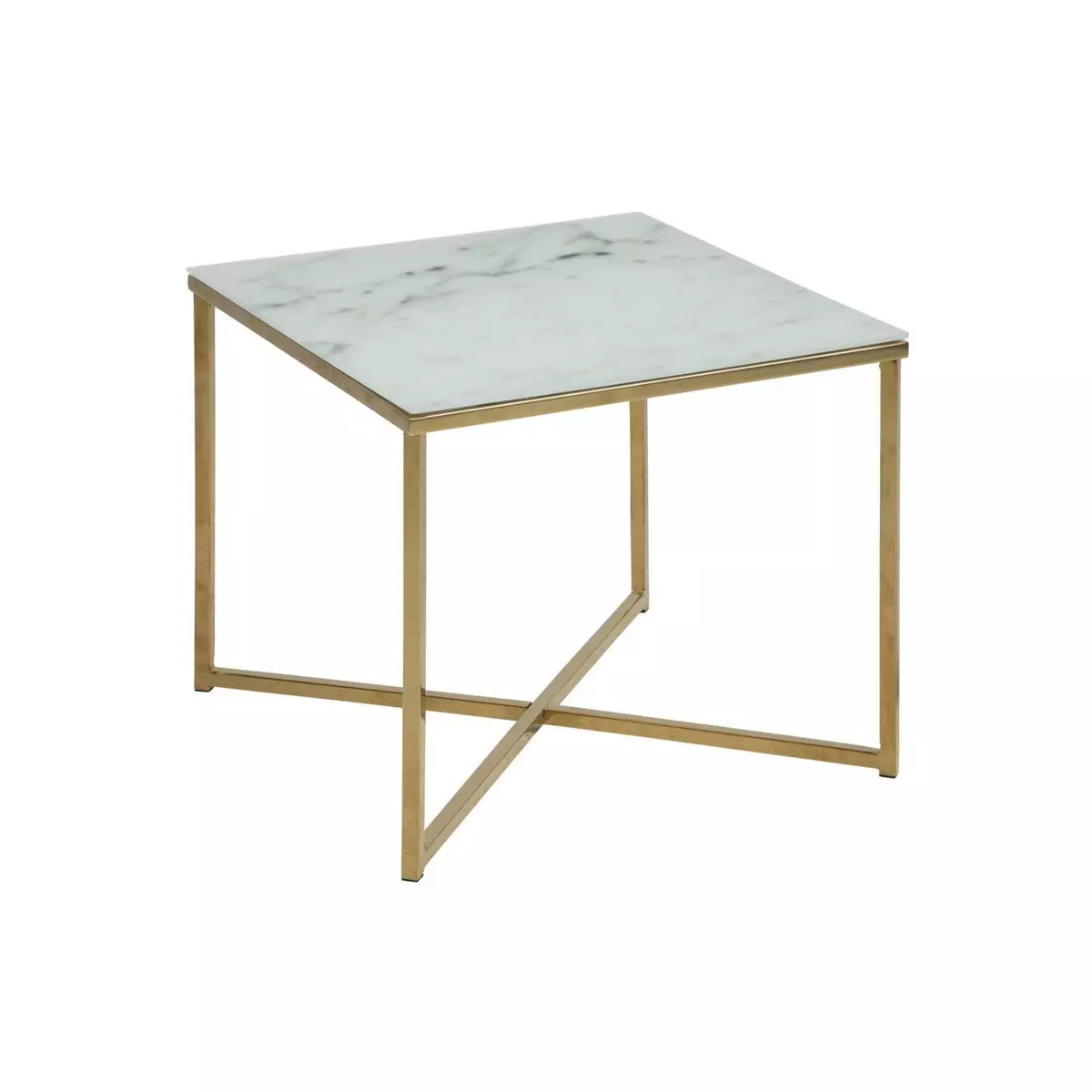 TOILINUX Table à café carrée effet marbre en verre et métal - L. 50 cm x H. 42 cm - Doré et blanc
