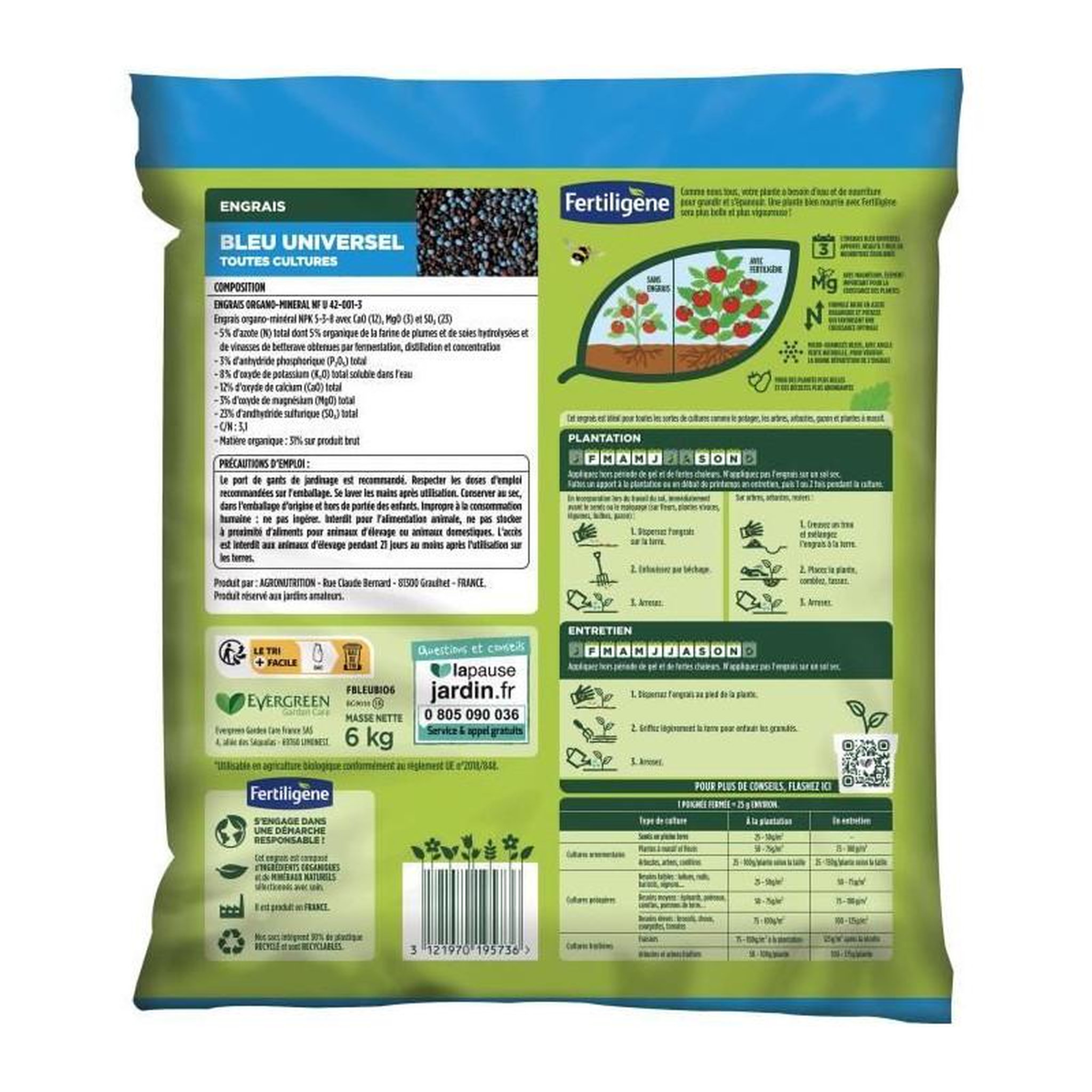 Voir la diapositive 2 : FERTILIGENE FERTILIGENE FBLEUBIO6 - Engrais Bleu Universel 6 kg - Floraison et récoltes abondantes - Nourrit jusqu'a 3 mois - Pour 240m²