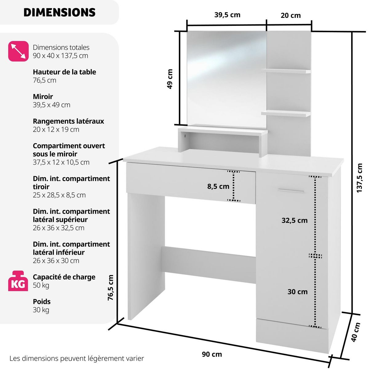 tectake Coiffeuse table de maquillage au look moderne blanc
