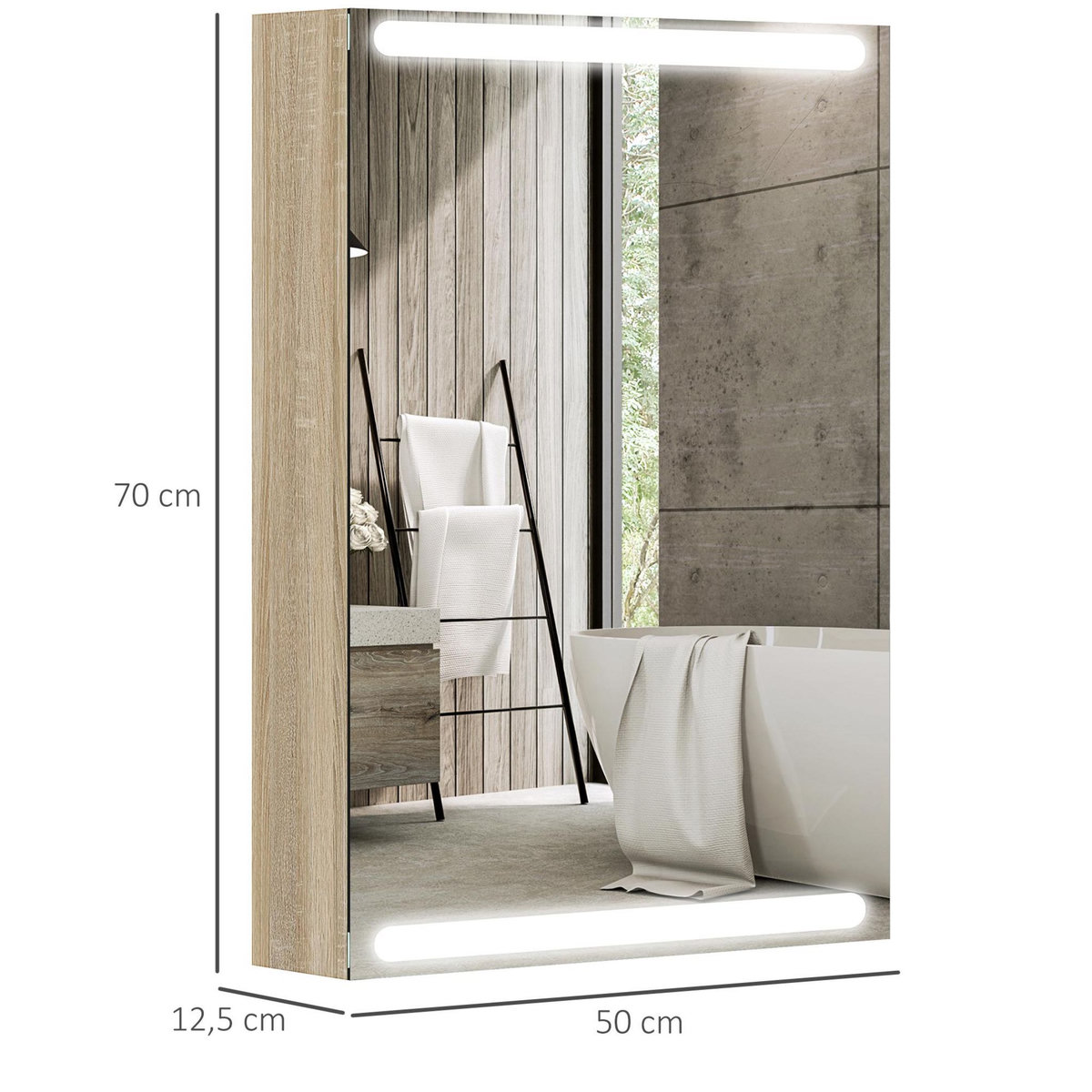 HOMCOM Armoire murale salle de bain  1 porte miroir lumineux LED intégré 50 x 70 cm 2 étagères verre effet bois