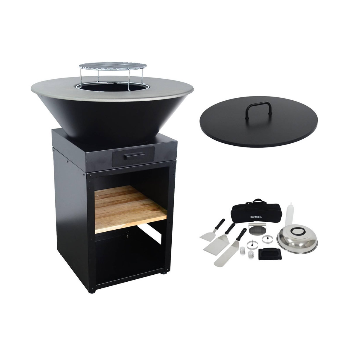 SWEEEK Brasero barbecue Ø81.5cm avec grille de cuisson. espace de rangement. couvercle et ustensiles