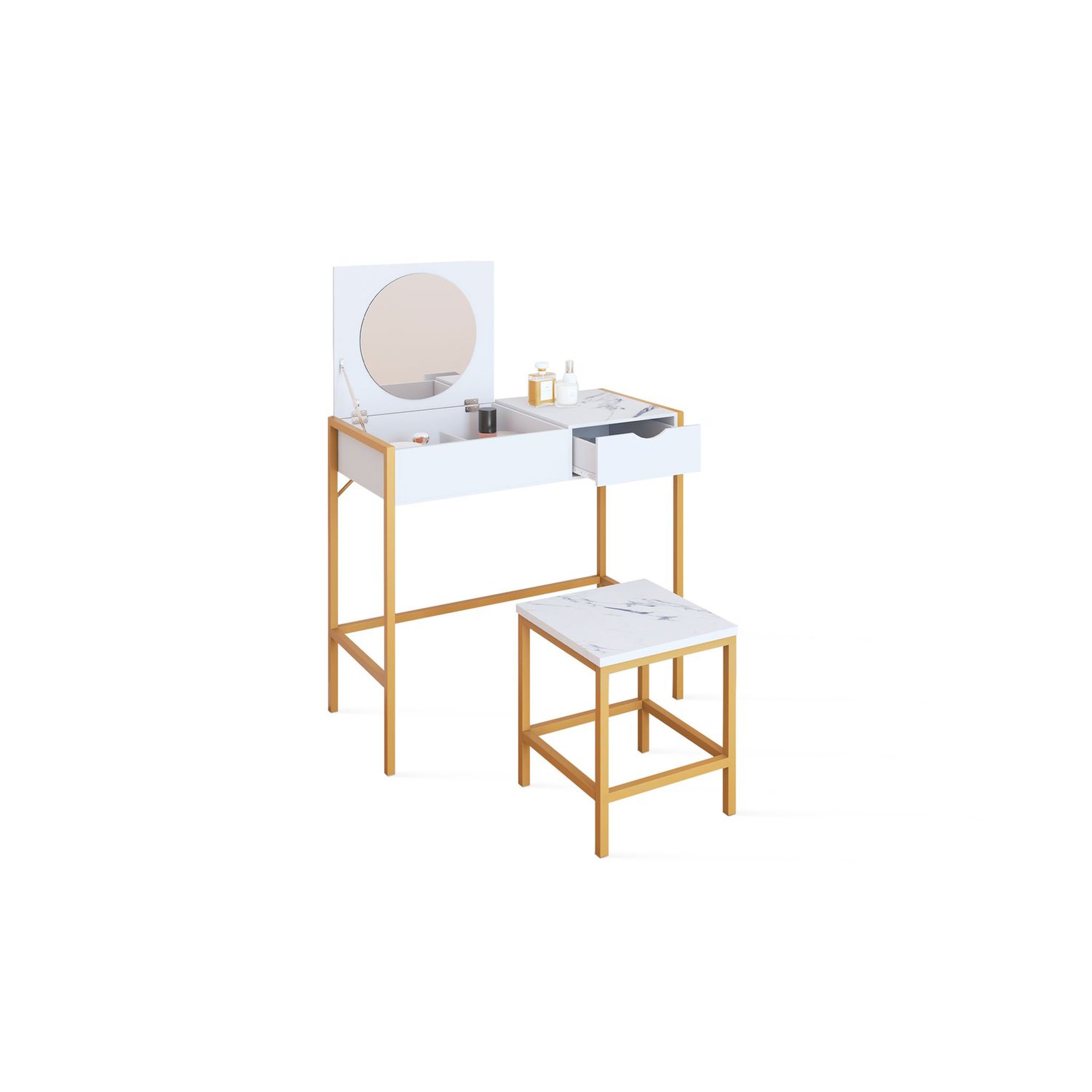 Voir la diapositive 5 : Coiffeuse avec miroir rabattable et tabouret effet marbre BELLE