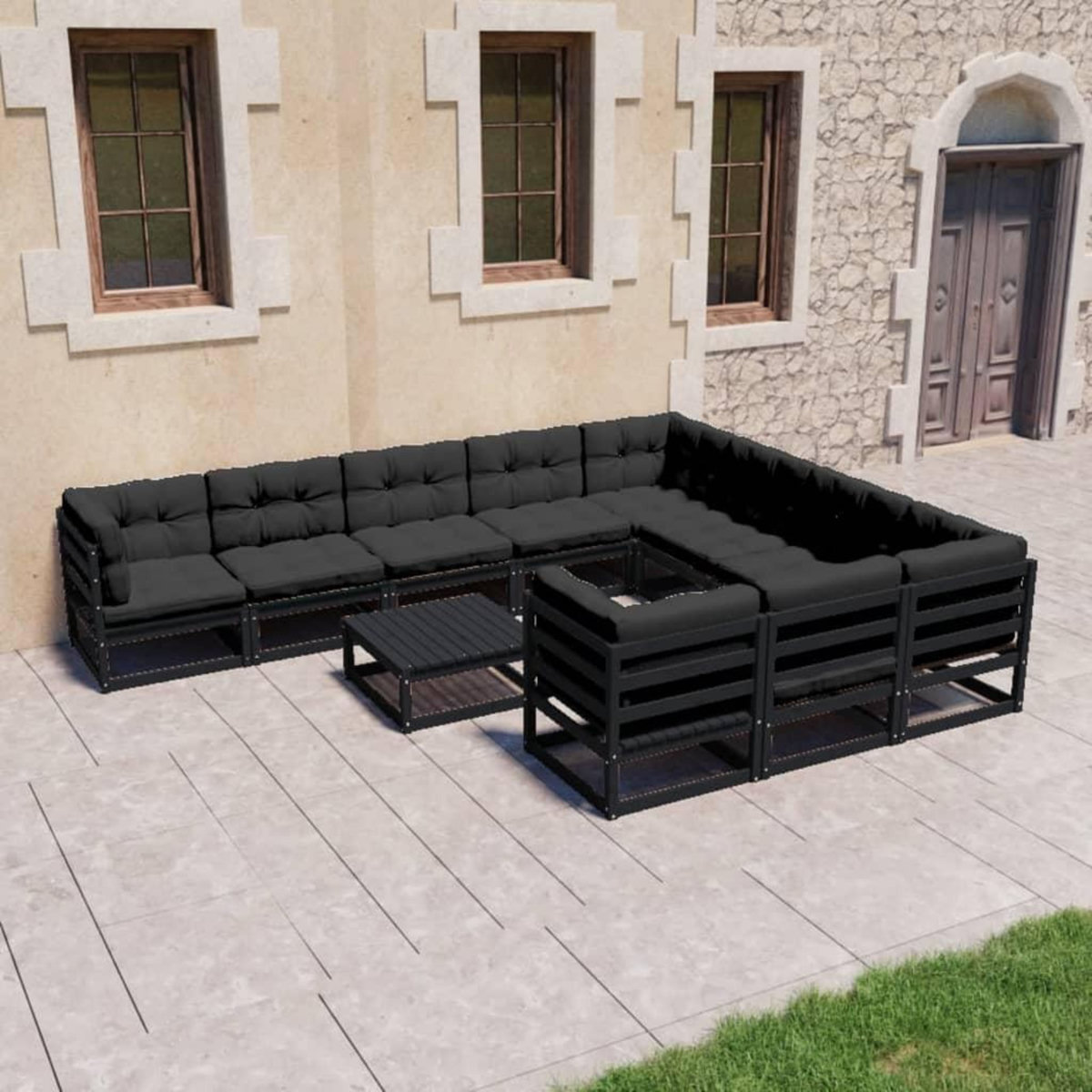 VIDAXL Salon de jardin 11 pcs avec coussins Noir Bois de pin massif