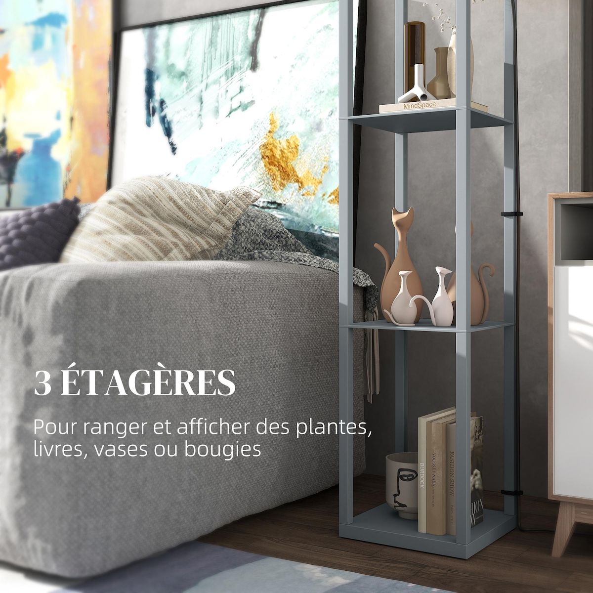 HOMCOM Lampadaire étagère lampe étagère 26L x 26l x 160H cm 3 étagères 4 niveaux MDF gris motif nid d'abeille