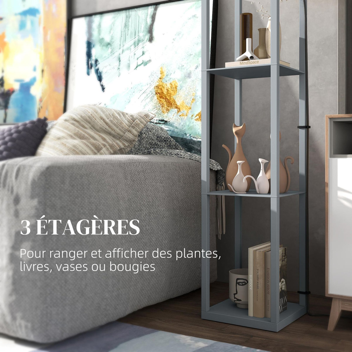 HOMCOM Lampadaire étagère lampe étagère 26L x 26l x 160H cm 3 étagères 4 niveaux MDF gris motif nid d'abeille