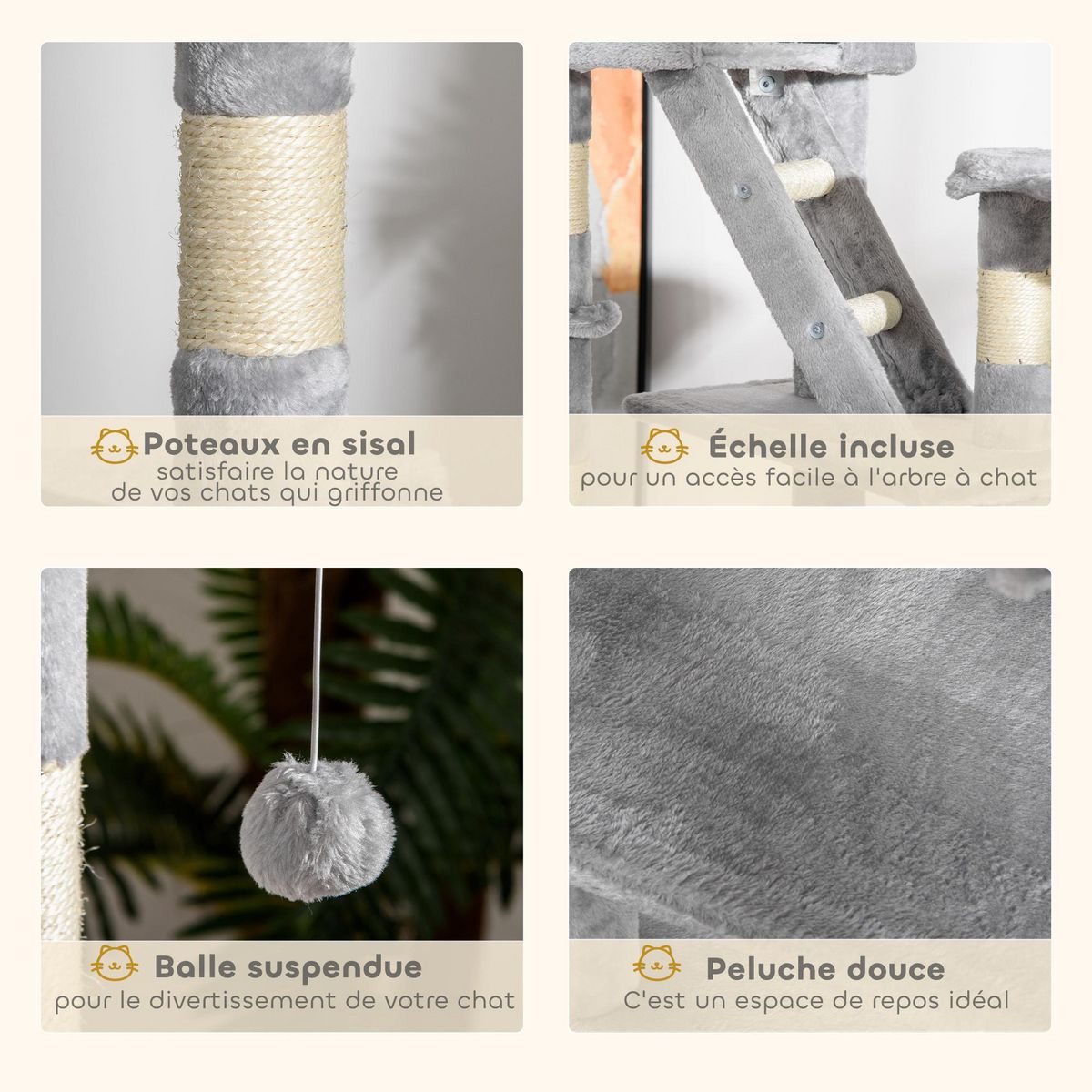 PAWHUT Arbre à chat design XXL réglable H.240-260 cm multi-équipement gris