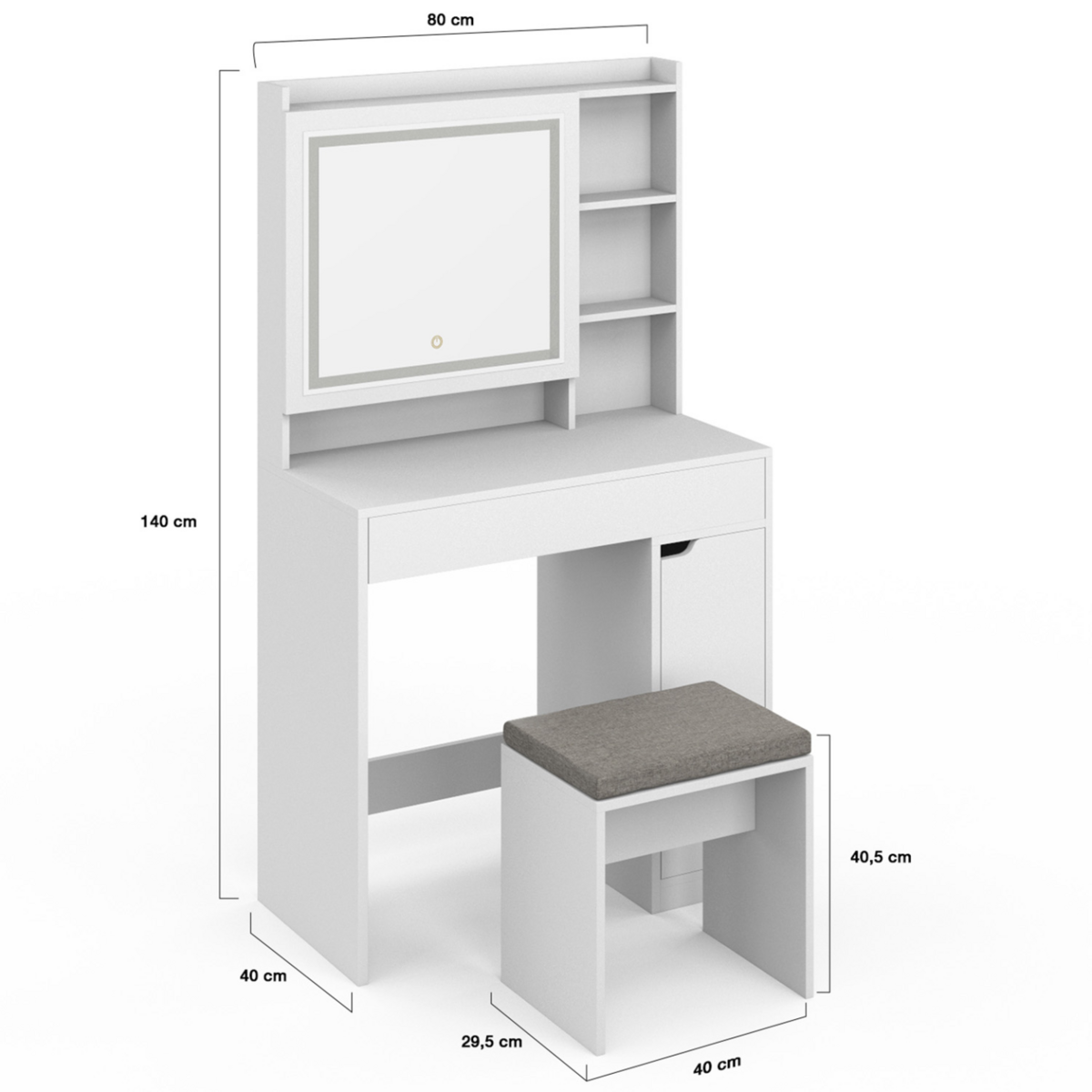 ID MARKET Coiffeuse ZELIA blanche miroir LED avec rangement, 1 tiroir, 1 caisson de rangement et tabouret rembourré