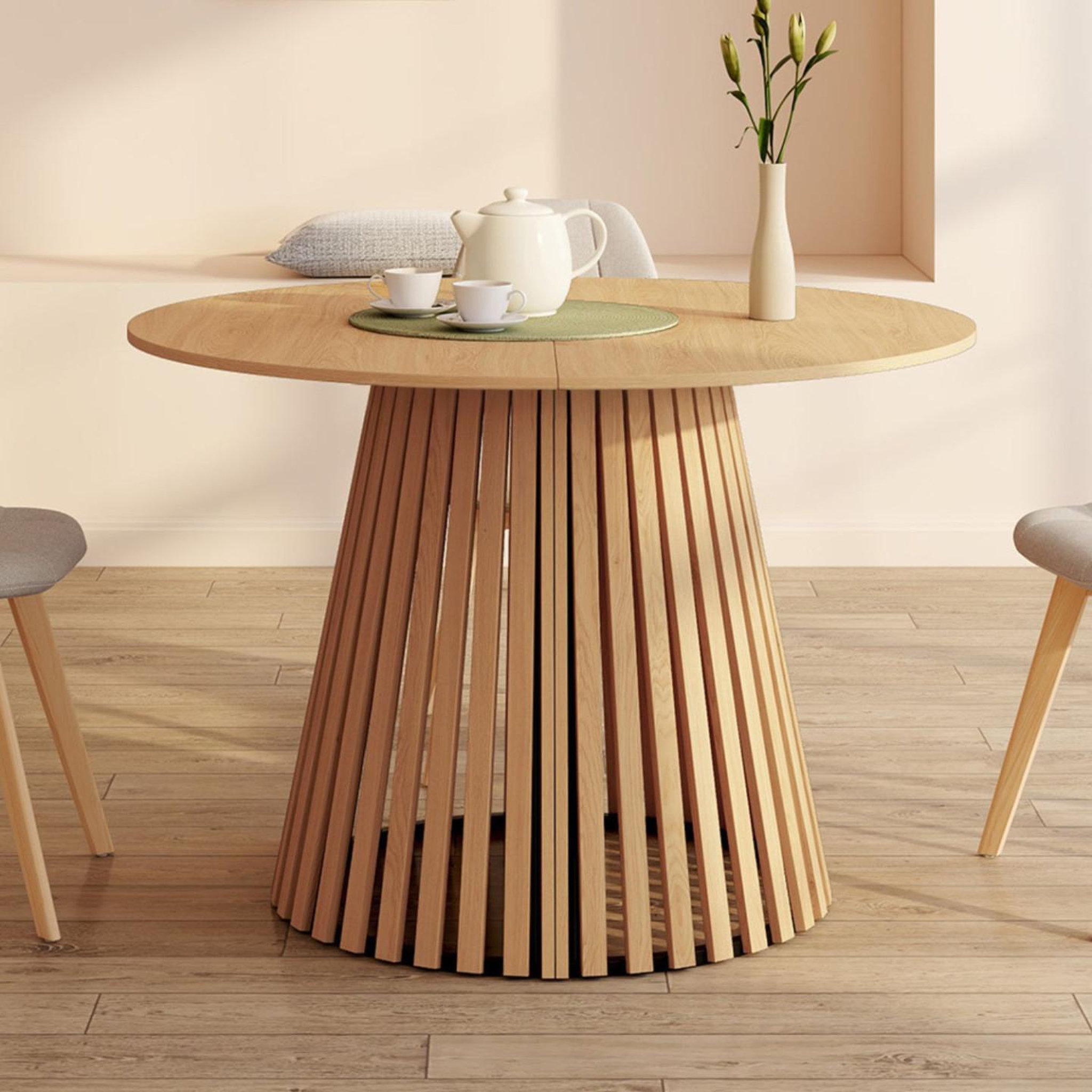 Voir la diapositive 4 : ID MARKET Table à manger extensible ronde carmen 4-12  personnes pied bois en lattes et plateau bois 110-300 cm