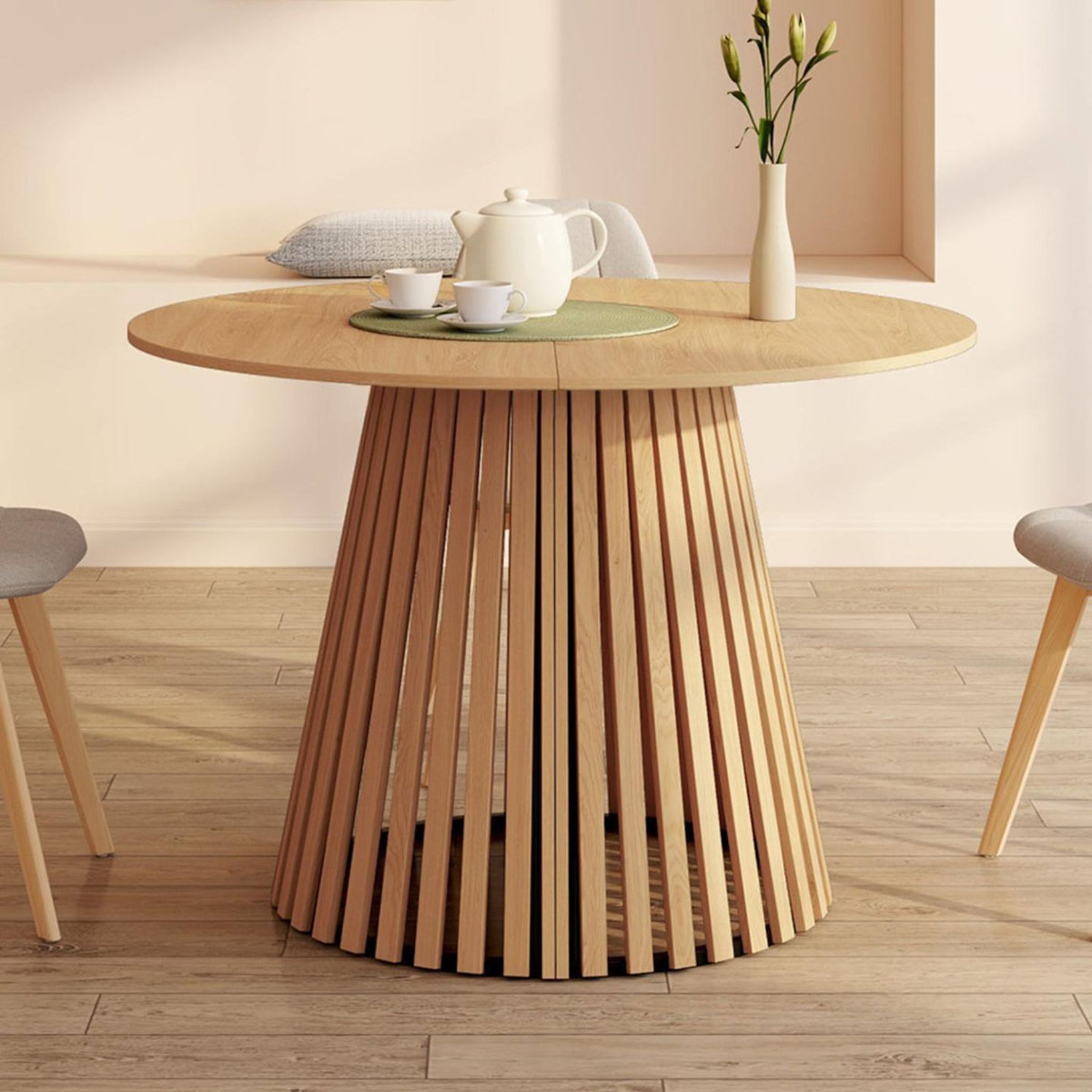 ID MARKET Table à manger extensible ronde CARMEN 4-12  personnes pied bois en lattes et plateau bois 110-300 cm