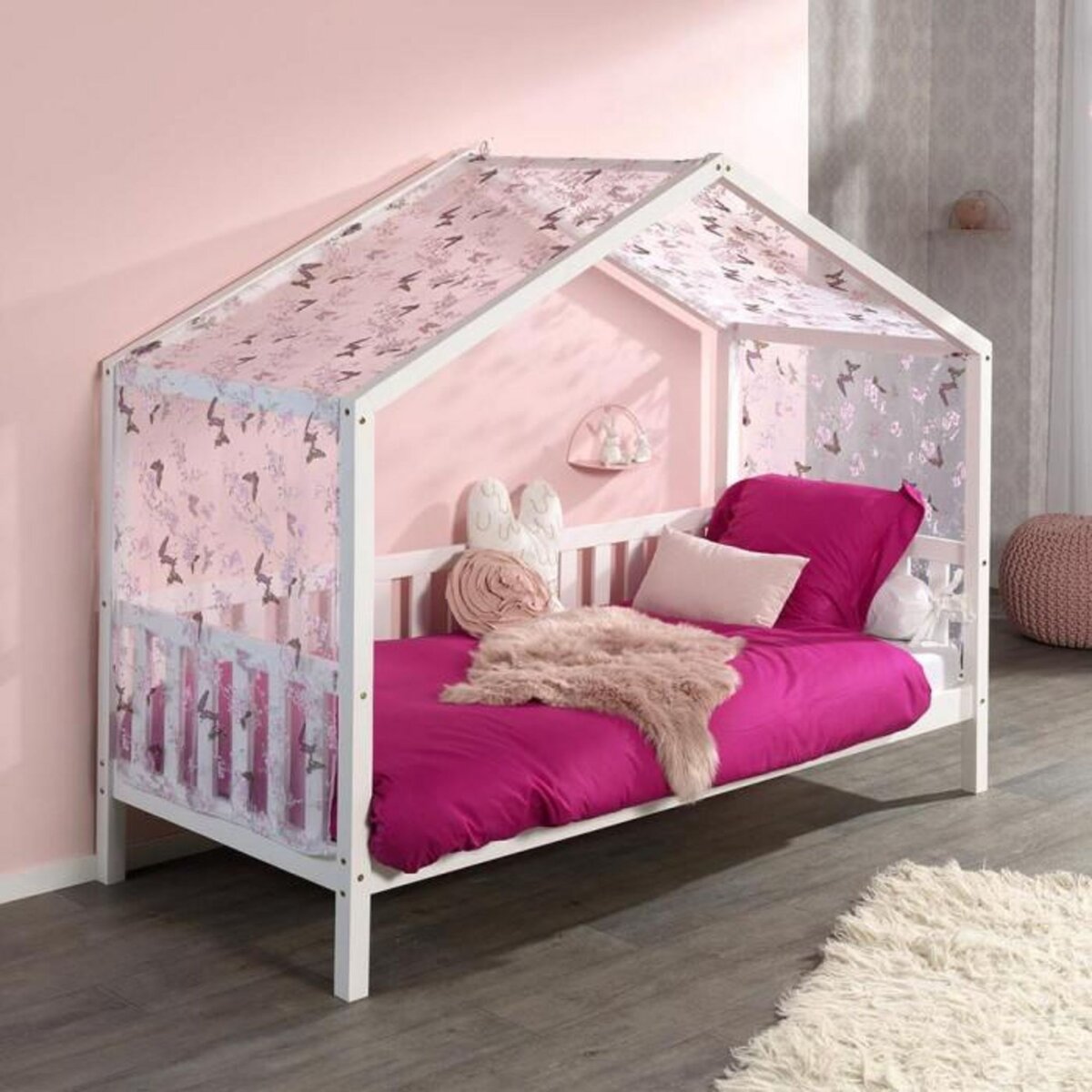 Paris Prix Pack - Lit Enfant Cabane, Barrière & Voile  Dallas II  90x200cm Blanc