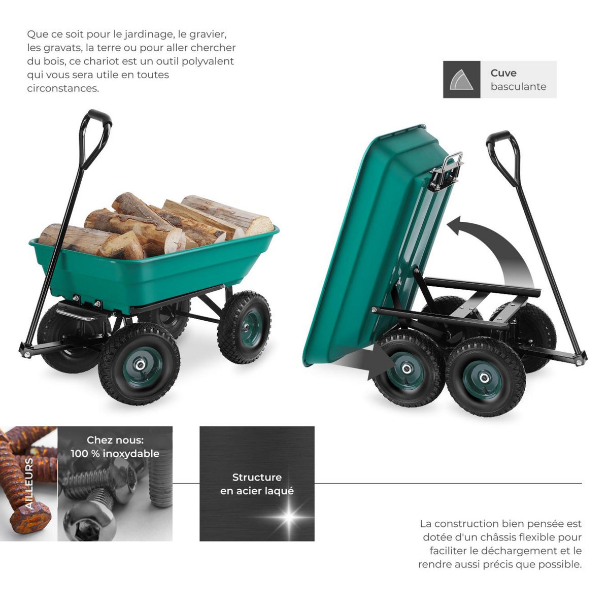 tectake Chariot de jardin et de transport avec fonction d'inclinaison vert