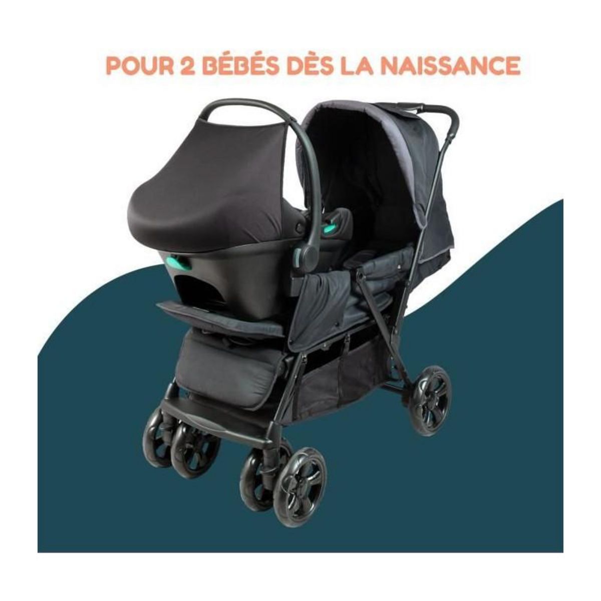 BAMBISOL Poussette double jumeaux - BAMBISOL - Combiné Poussette Double + Siege Auto I-size - 4 roues - Noir
