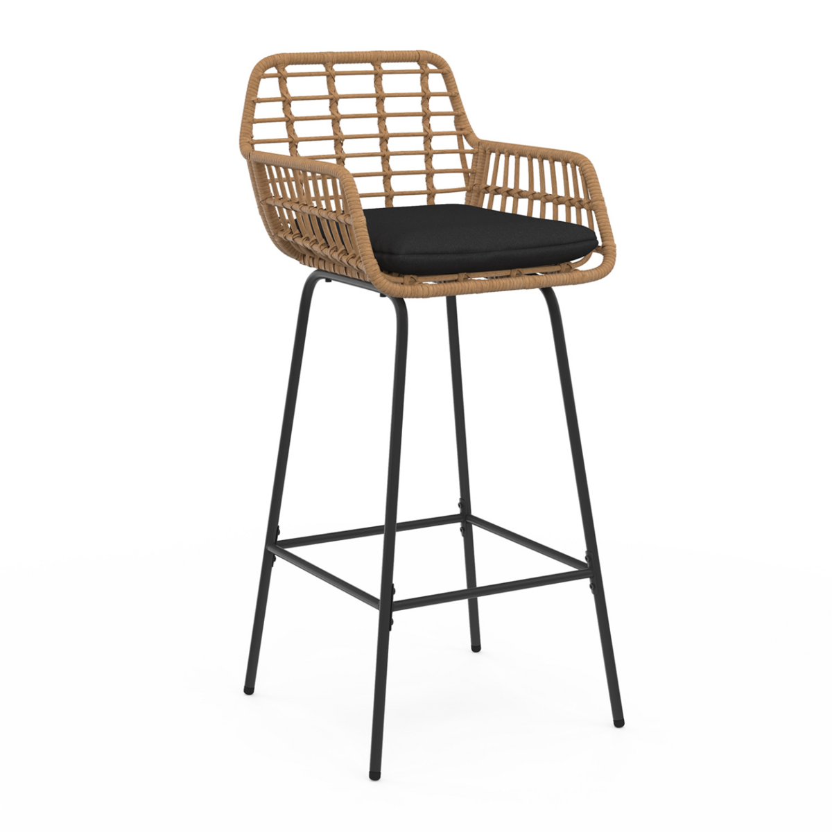 ID MARKET Lot de 2 tabourets de bar SUMMER effet rotin beige pied metal noir avec accoudoirs