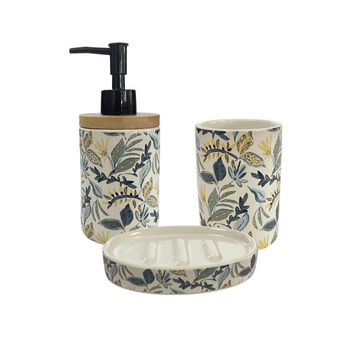 GUY LEVASSEUR Set salle de bain végétal 3 pièces céramique bleu